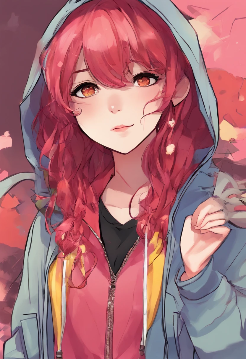 1girl, black necklace, brown hair, brown hair, necklace, closed mouth, dyed hair near the eyes, pink hair near the eyes, Hair between the eyes, hood, hoodie, Long hair, long sleeves, multi-colored hair, exteriors, pink hair , pony tail, red eyes, Shirt, 独奏, two tone hair, extra very long hair, Red hoodie