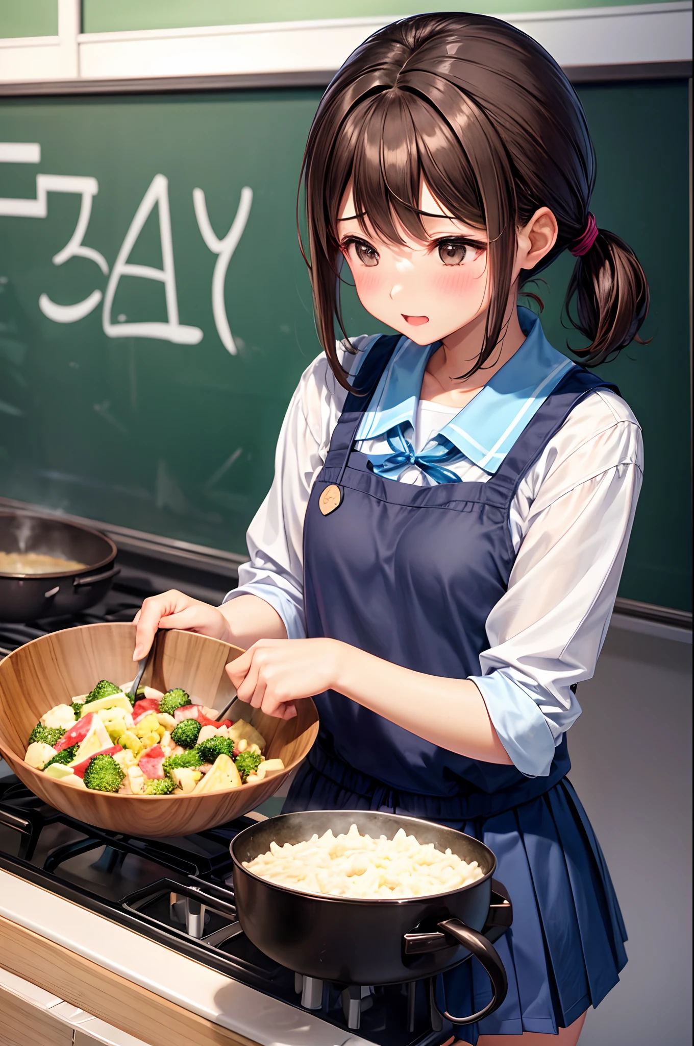 hi-school girl、、summer clothing、、be shy、Very cute、pony tail hairstyle、Brown hair、gals、Classroom、Cooking Practice、I want to blush、Turning Pripan、Chest wide open、Hold out broccoli