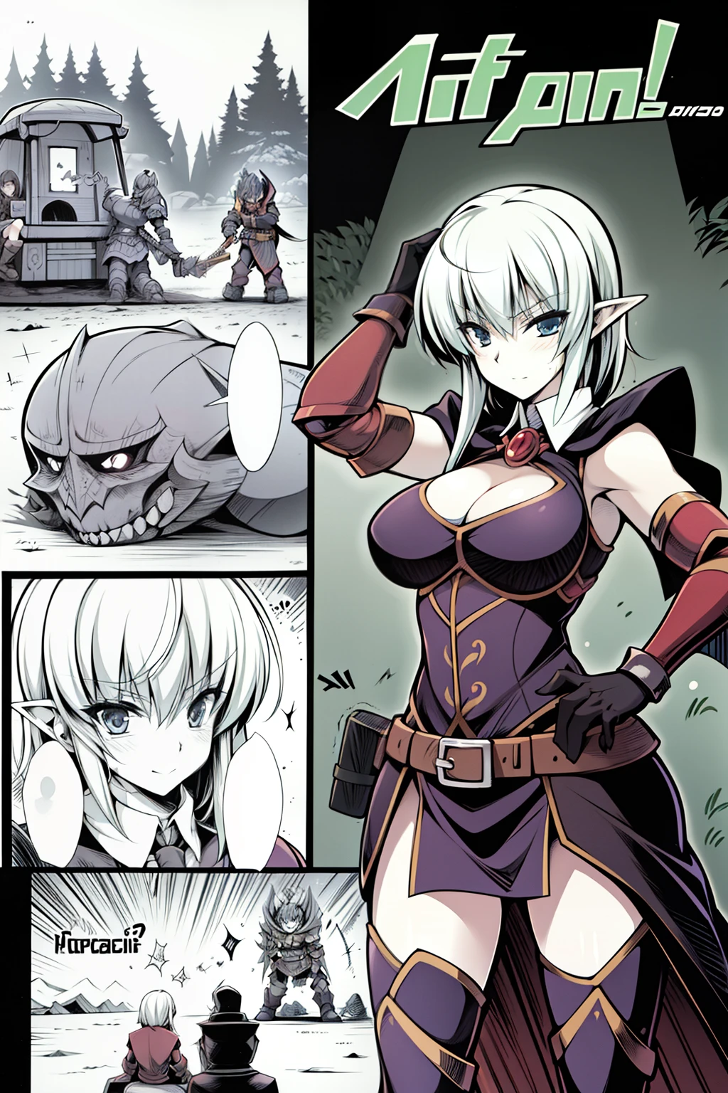 comic strip，Female magician，Goblins，combats，the woods