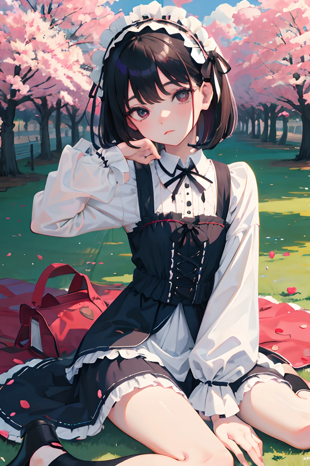 wariza，hand between legs，child，（​masterpiece，Highest Quality），shortsleeves，White Gothic Lolita，Sleepy face，Round eyes，A dark-haired，Semi-long bob，Laid petals，cherry trees