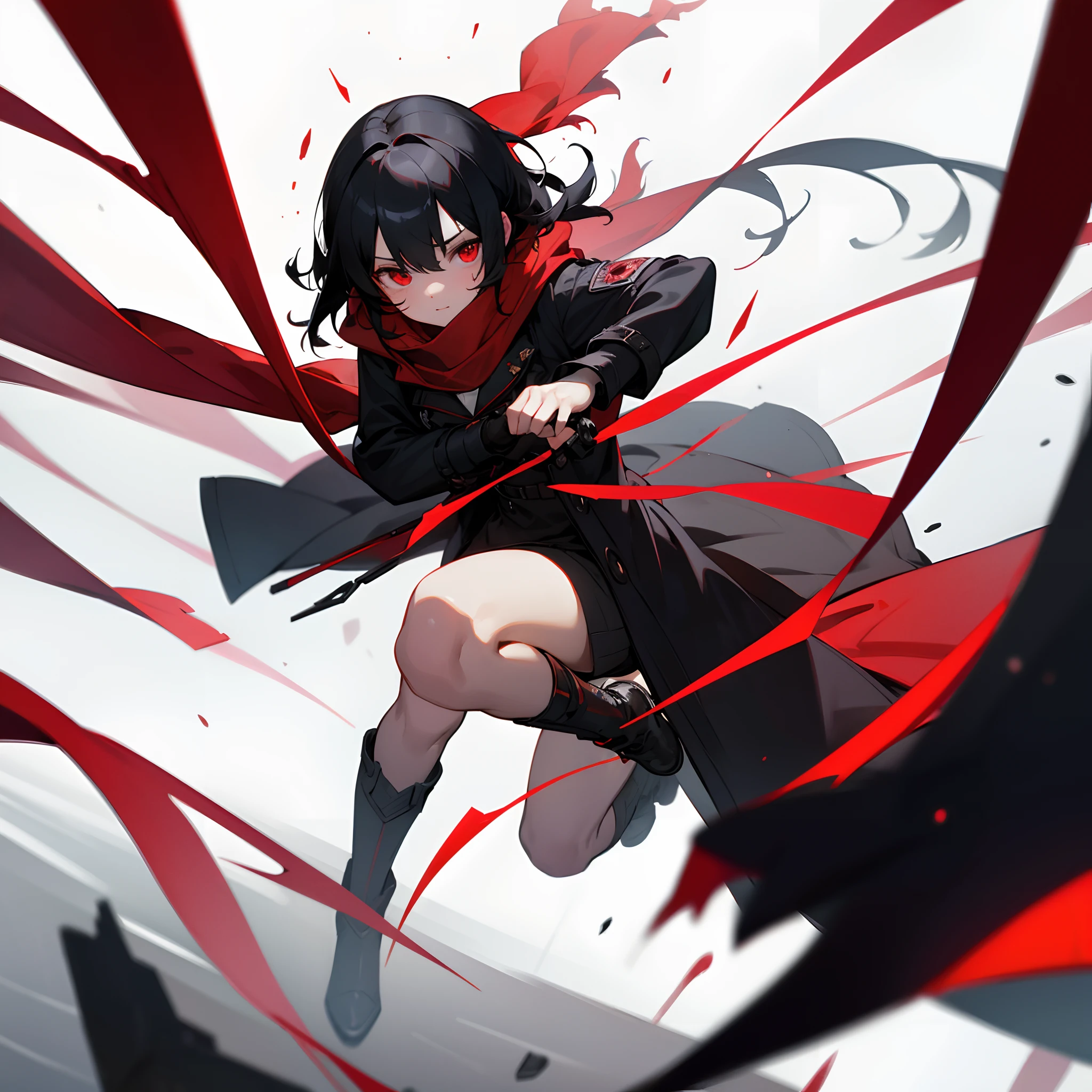 black hair, Bright red eyes, Red scarf, A coat with black engraved red runes, Empty eyes, boot, 8k, super detail,bit girl