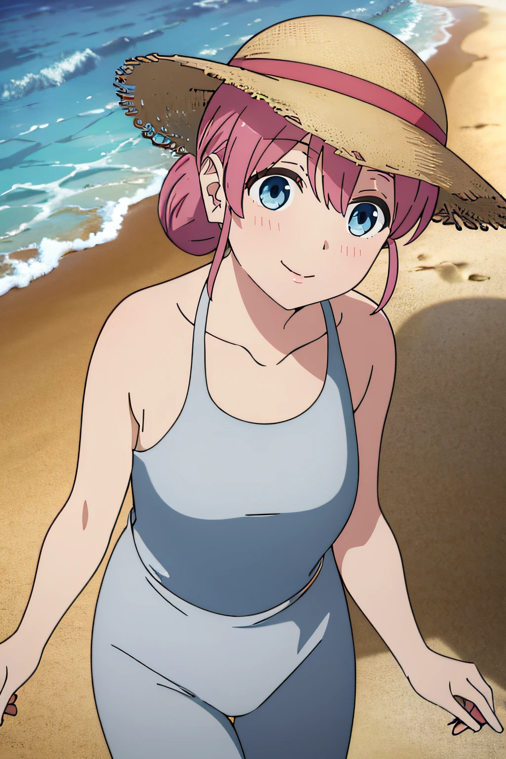 Beautiful face、biologically correct、Female in her 40s、Medium, 1girl in, red blush、sexy  pose、Smile、Beckon、sand beach、Beautiful blue sky、Bright sun、Wearing a swimsuit、a straw fedora hat、Walking towards the sea