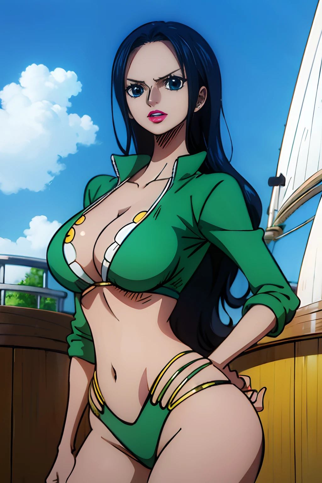 Nico Robin from One Piece wearing a tight green bikini, happy face,  On a yacht, Shiny white skin, puffy red lips, high quality lips, blue eyes, high quality eyes, showing the ass, big ass, big boobs, best quality.