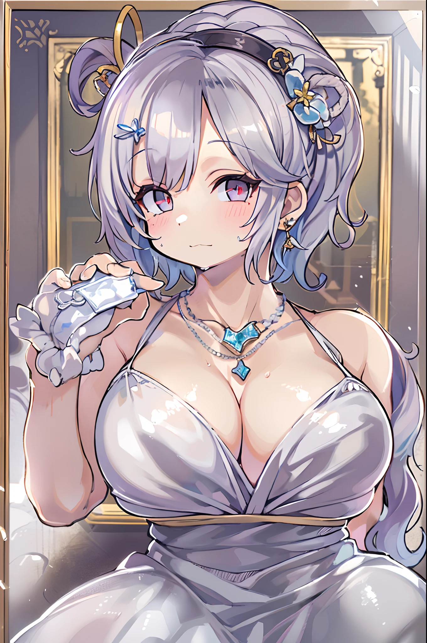 sankta. louis (luxurious wheels) (azur lane), 1girl in, Hair Ornament, earrings, Necklace, Portrait, Silver dress, Revealing clothes, Looking at Viewer, Solo