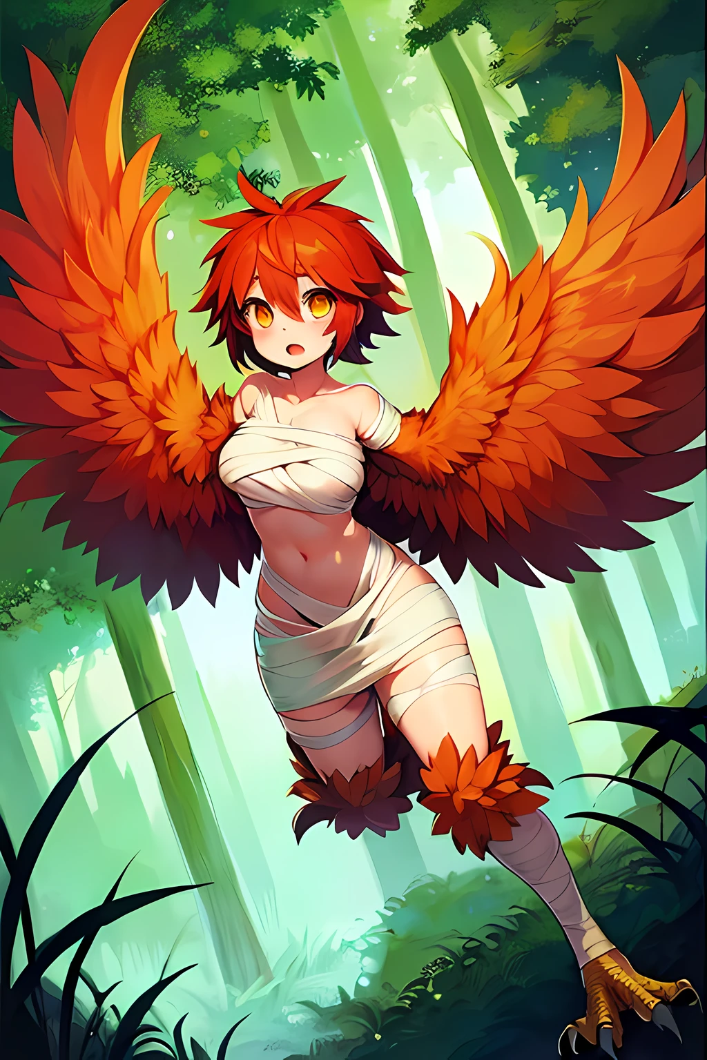 1harpy girl, bandage covering breast, red hair, yellow eyes, forest, blushing, short hair, tomboy, huge wings instead of arms
