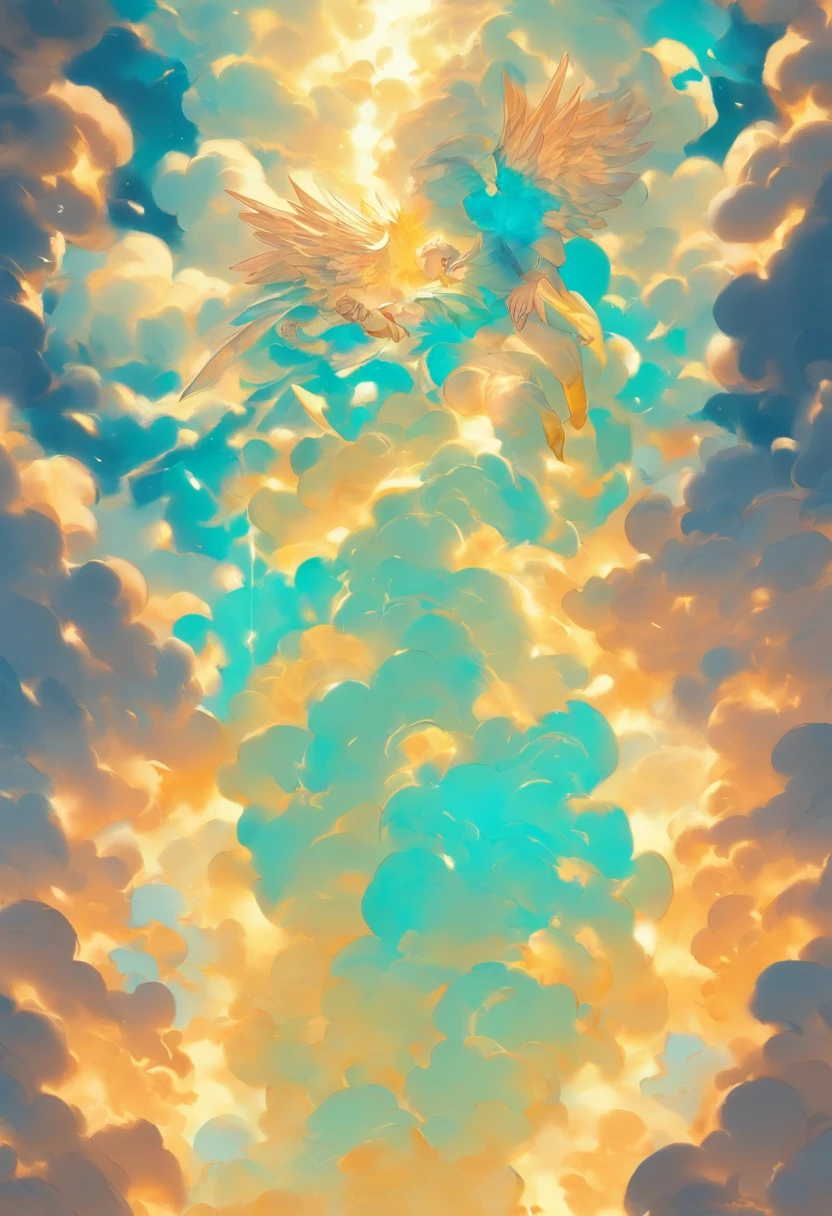 Fallen angels,Heaven and hell,Dark profanity,,Classicism-like artistic sense,Strong religious atmosphere,Parchment paper feel,Yellowed canvas background,(Light-dark transition from top to bottom:1.5),(The top is milky white,Aqua blue and flaxyellow are the three colors of the main body of the picture:1.3)+(The bottom is light purple,Dark blue and black-gray are the three colors of the polygon body:1.3)+(The middle color is high-key:1.3),hyper HD, retinas, Anatomically correct, Textured skin, Super detail, Best quality, A high resolution