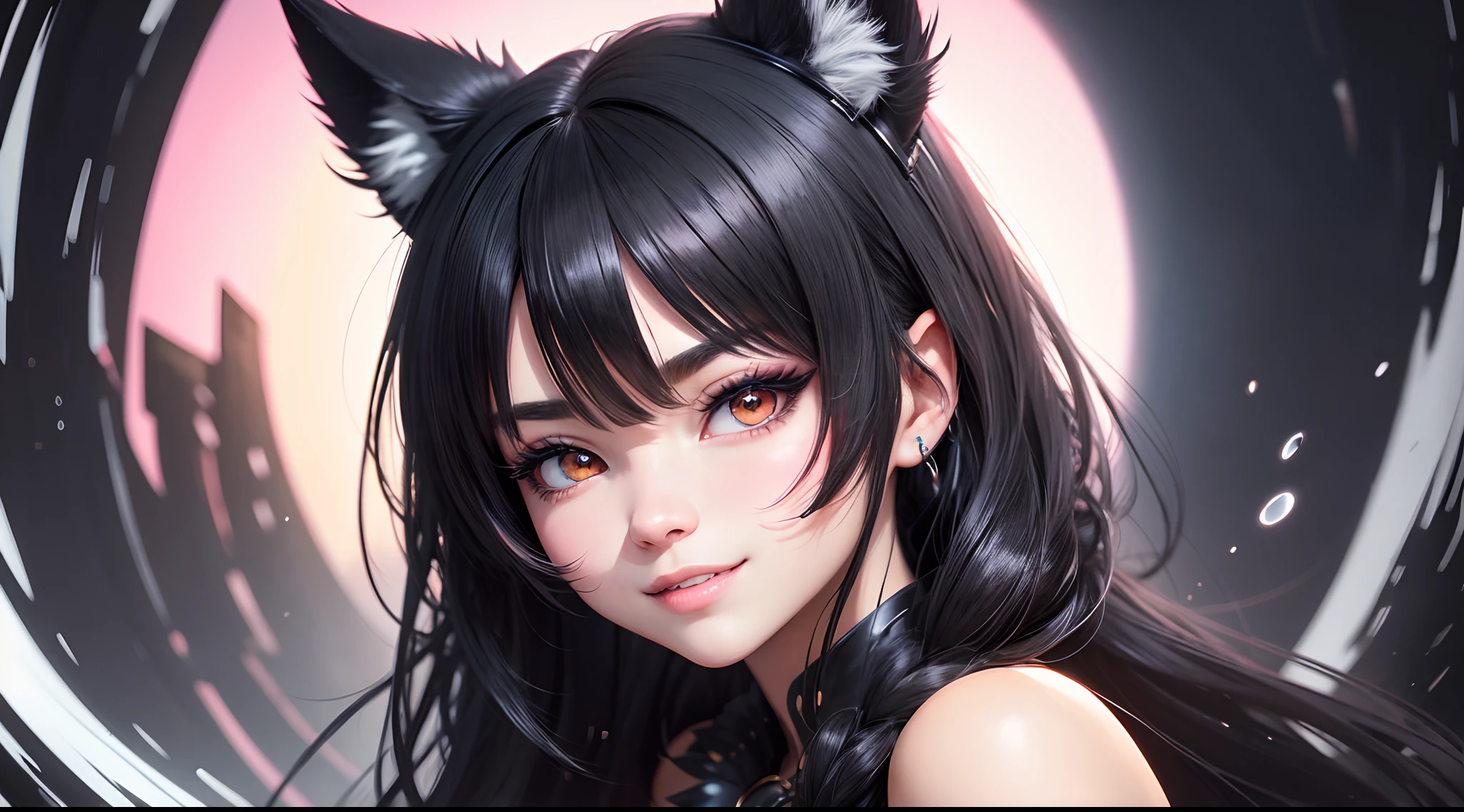 black hair, hair bobbles, wince, longeyelashes, solid circle eyes, fake animal ears, light smile, ear blush, fang, Surrealism, drop shadow, anaglyph, stereogram, tachi-e, pov, atmospheric perspective, 8k, super detail, ccurate, best quality
