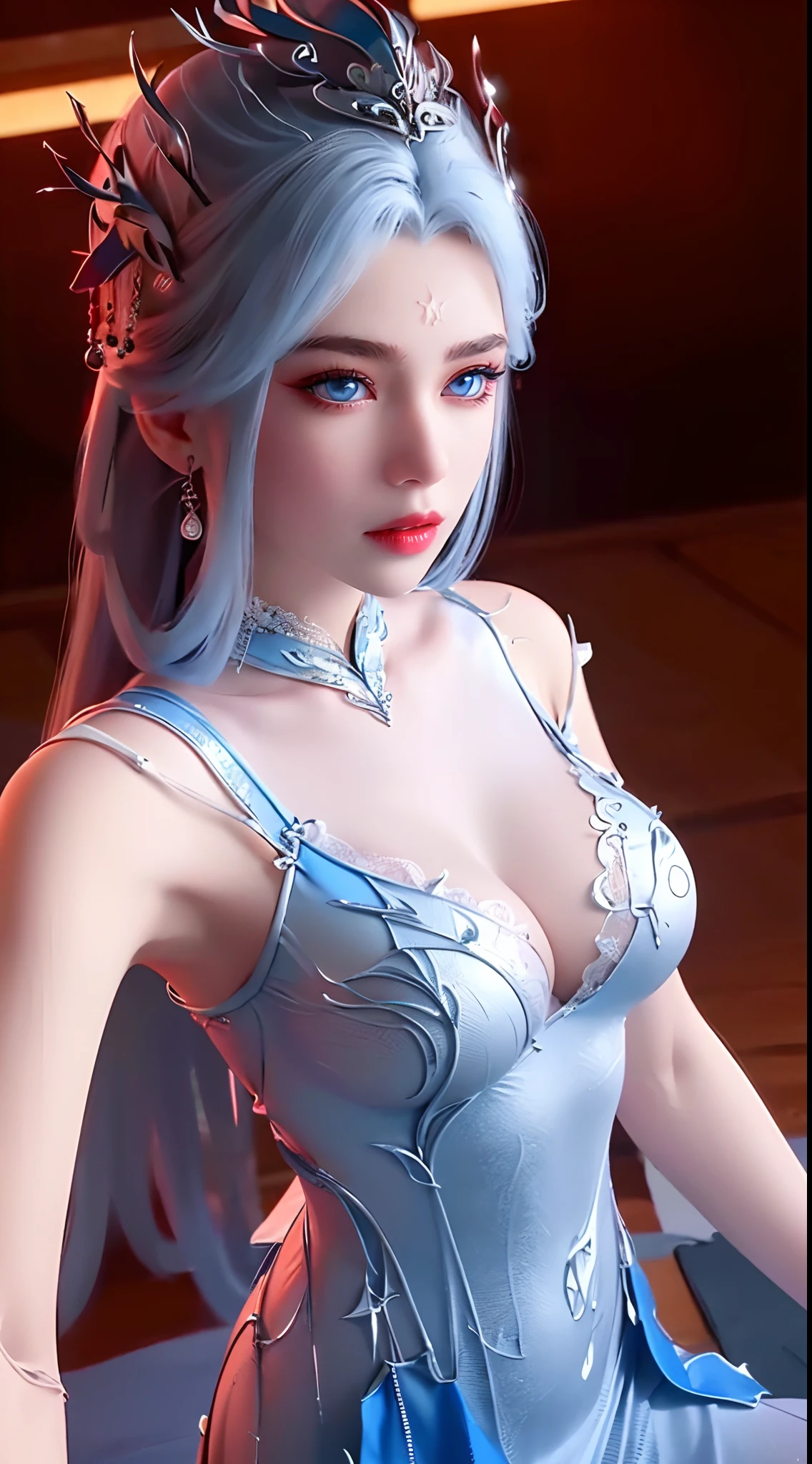 An extremely beautiful girl, (((Super thin white nightgown with sexy blue lace trim:1.7))), ((supine position with chest up:1.5)), long hair and silver bangs with a hint of light blue, the most beautiful and detailed hair jewelry, beautiful little face thin eyebrows, the most beautiful and spotless face, ((black iris:0.8)), the very beautiful eyes, big round eyes, ((blue color eyes:1.1)), fine and detailed makeup eyelashes, high nose, wearing earrings, small red lips, rosy face, clean face, beautiful face without blemish, smooth white skin, ((big breasts: 0.9)), Blums boobs, ((big and super round breasts:0.9)), ((super tight breasts:1.2)), ((breast augmentation: 0.8)), beautiful breasts, slim and petite body, ((thin waist: 0.9)), upper body of a beautiful girl, sexy girl, skirt, lace mesh socks to match the color of the outfit, fishnet stockings color coordinated according to the outfit, ((Open your legs: 1.6)), unashamed, ((chubby body:1.6)), 8k photo, super high quality, super realistic, 10x super pixels, photo realistic, dark studio, border light, two tone light, (detailed skin high: 1.2), 8k uhd, dslr, soft light, high quality, volumetric light, candid, Photo, high resolution, light, best photo, 4k quality, 8k, Bokeh, Smooth and sharp, pixel up 10 times, lightning, super graphics, the most realistic graphics, (((Luxurious bedroom and bed background: 1.6))), 1 girl, alone, solo, ((frontal portrait:1.5)), Extremely sharp, super realistic images."