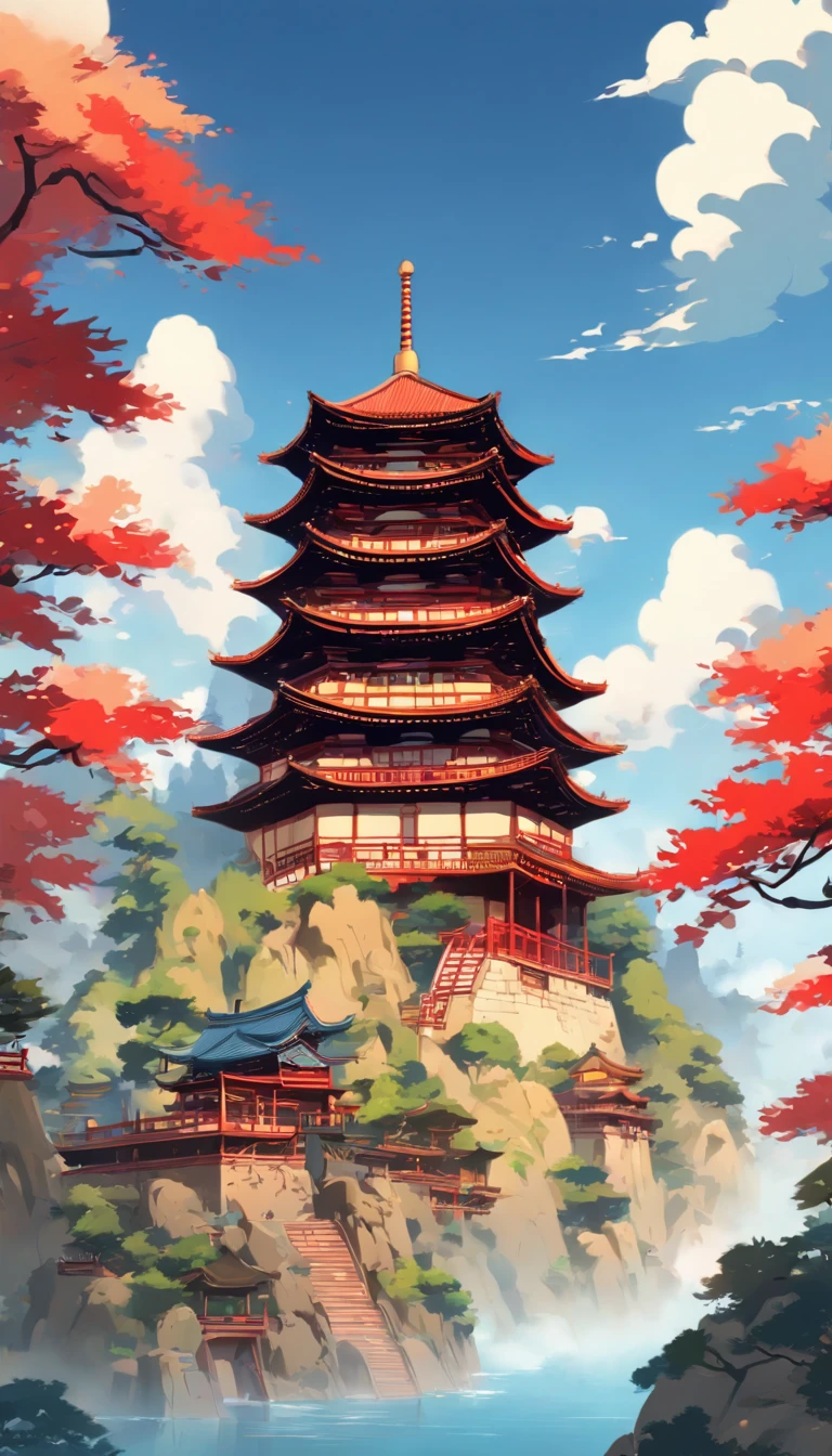 background depicting a temple, oriental wallpaper, Chinese landscape, Japanese Landscape, Chinese style, japanese art art, Japanese style painting, Ancient Chinese architecture, Chinese architecture,Pure blue sky,Beautiful tree,Red-blue tones,Figurative characters,Pine trees have details,The pavilion becomes smaller