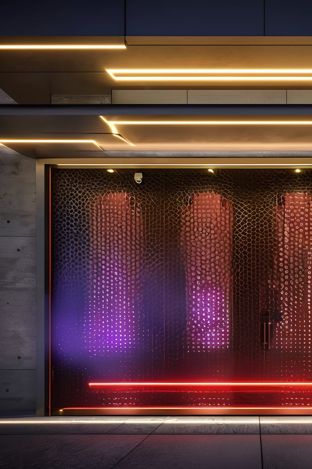 front facade of a nightclub, hidden door, UHD, ultra rendered, high detail, neon, perfectly rendered, fun, hyped up, hidden bar, full detail, glass, wall, with sticker and sign, colorfull, view from far away
