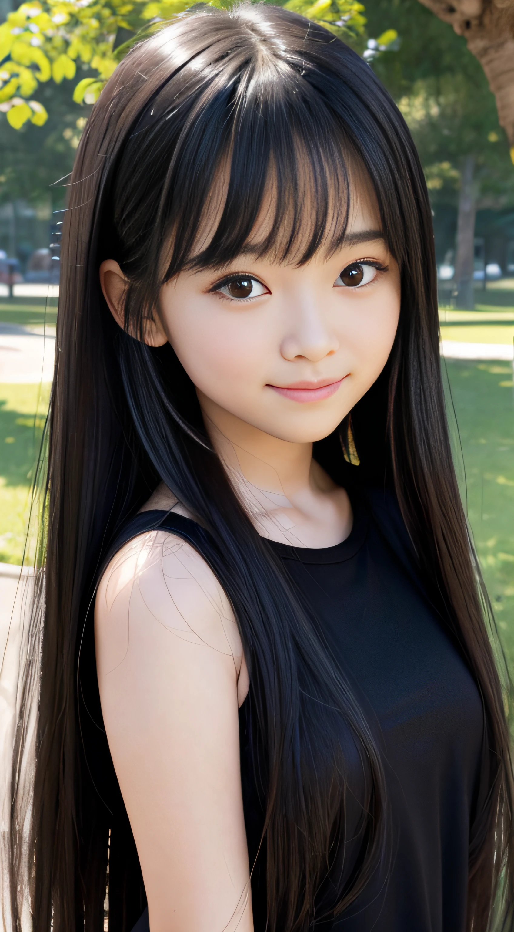 超A high resolution, Best Quality, Detailed face, AW photo high ,Shot from the front of the body、Facing forward、adolable、 High nasal muscles、Smile, ((midium tits))、 a park, Realistic face, ((A 7--old l))、Smile, a park, Low contrast, Soft cinematic light, Soft cinematic light, 超long-hair, Black hair, A 7-year-olrl、NuDynamic Side ,Perfect 、detailed hairs, (1girl in )、looking at the viewers,