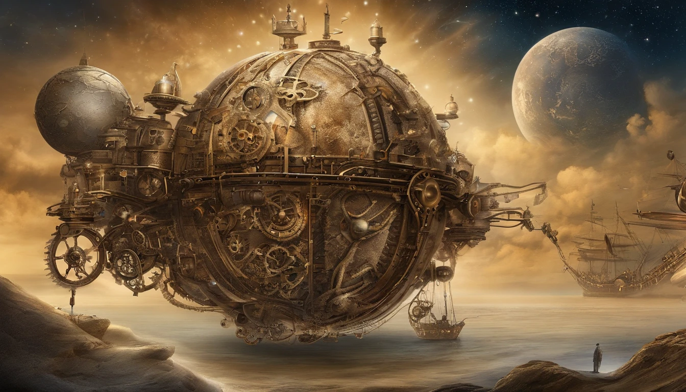 huge planet, the night, starrysky, surrealism, masutepiece, hight resolution、Impressive Milky Way:1.9、sand beach、Vast blue ocean、Blue glacier、lightning bolt:1.9、Protoplanets