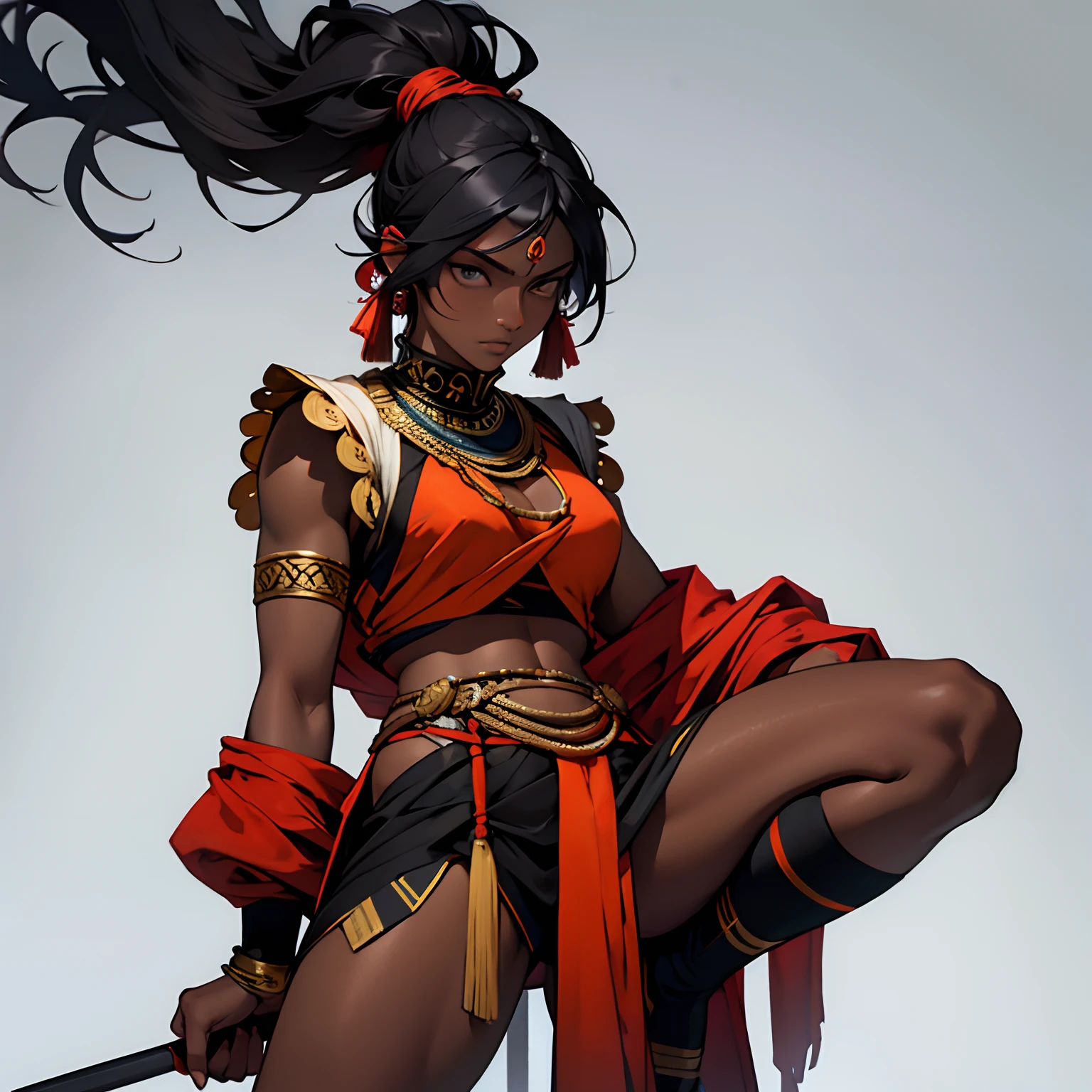Best quality,masterpiece,ultra high res,(photorealistic:1.4)1girl,weapon,sword,long hair,black hair,twintails hair,pointy ears,dark skin,large breasts,white background,solo,blood,arm guards,night jungle,blood on weapon,looking at viewer,blue eyes,tabi,floating hairfull body,upper body,jumper,hands on hips, perfect lighting, perfect shading, dynamic pose, (hanfu:1.2),(japanese armor),(flat color:1.1), (mature adult:1.35)