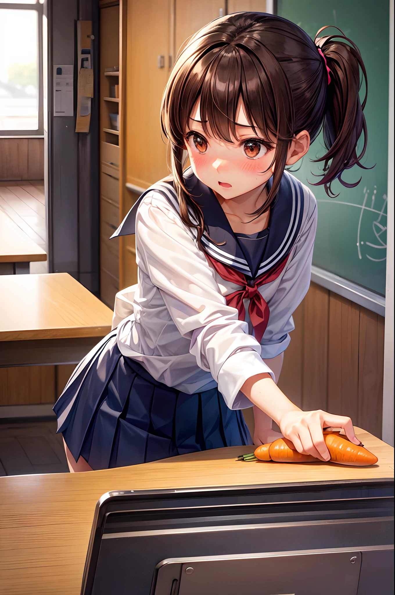hi-school girl、、summer clothing、、be shy、Very cute、pony tail hairstyle、Brown hair、gals、‎Classroom、Cooking Practice、I want to blush、Turning Pripan、Uniform takes off、Hold out carrots、get angry