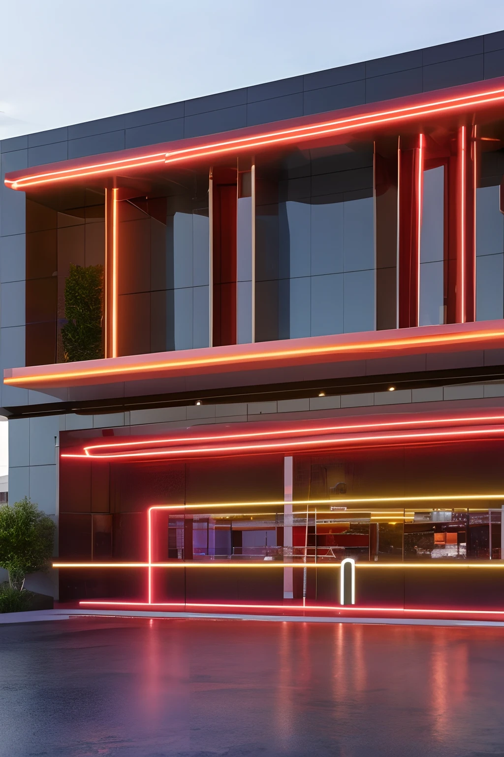 front facade of a nightclub, hidden door, UHD, ultra rendered, high detail, neon, perfectly rendered, fun, hyped up, hidden bar, full detail, glass, wall, with sticker and sign, colorfull, view from far away