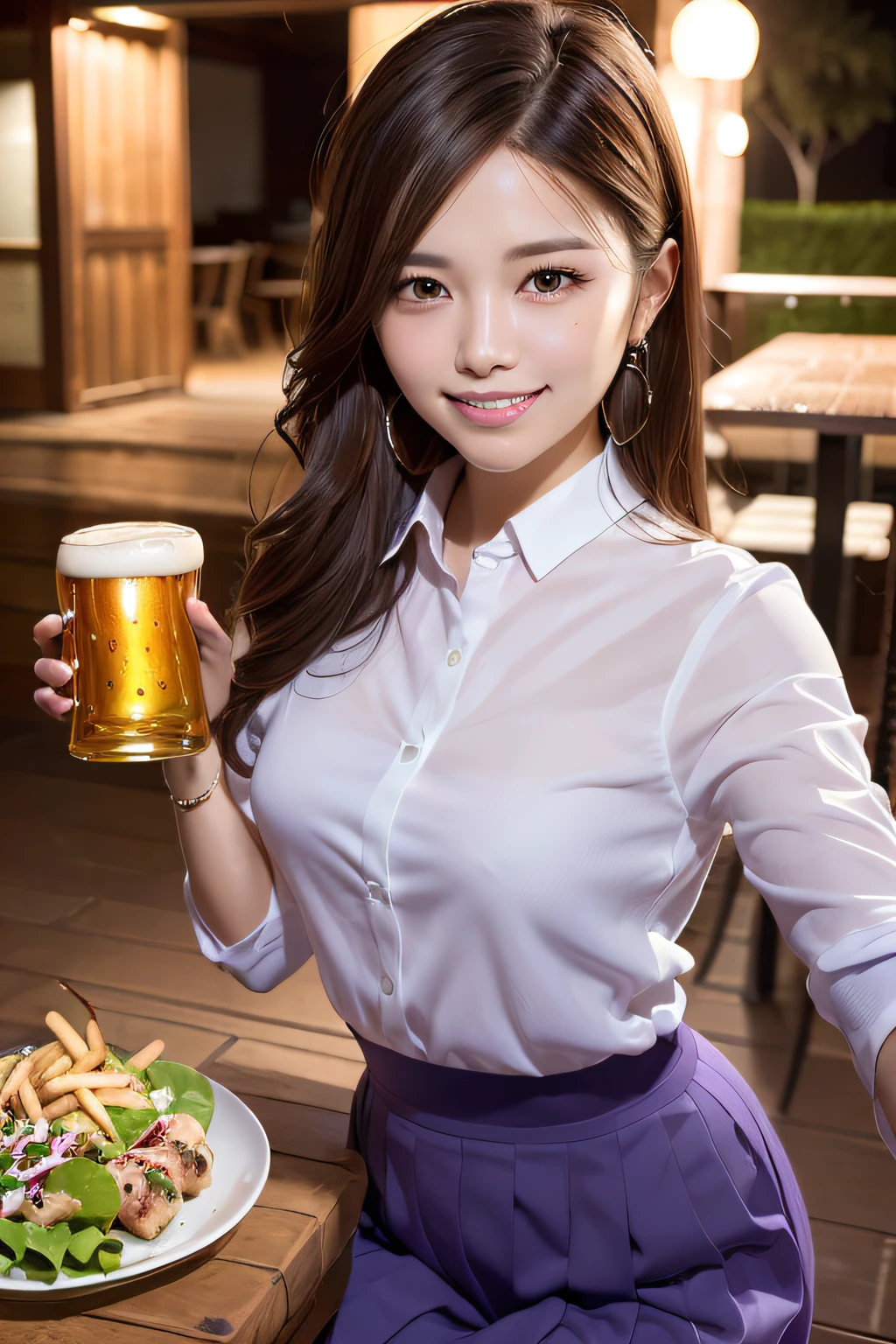 first-person-view, (masterpiece:1.3), high resolution, ultra detailed, extremely detailed CG unity 8k wallpaper, realistic, photo-realistic, RAW photo, beautiful detailed face, pale skin, realistic glistening skin, detailed cloth texture, detailed hair texture, Perfect body, Beautiful Face, accurate, Anatomically correct, Highly detailed face and skin texture, natural neck length, (beautiful hands), (fair skin:1.2), Thin legs, Thin feet, Well-aligned teeth,
BREAK,
Detailed eyes, symmetric eyes, Light Brown eyes, Double eyelids, Thin eyebrows, (Glossy lips:1.4), (very happy smile:1.2), (blush:1.1),
BREAK,
(A Classy and Cute girl:1.3), (wearing a classy (Light Purple) Button shirt:1.2), ((Navy) long irregular hem skirt:1.2), close the button, (long skirt),
medium breasts, (slender figure:1.1), firm abs, beautiful clavicle,
(Dark blonde hair, wavy hair, long hair:1.2), ((asymmetrical bangs:1.2)),
BREAK,
(On the table, (there are yakitori, French fries, salad, and 'takoyaki' ):1.2), ((Holding a medium beer mug and toasting with cheers:1.3)),
(in the outdoor 'Biergarten' of Japan at night)), (night), (night), (night), (Cowboy shot:1.2), looking at viewer, view from slightly below,
