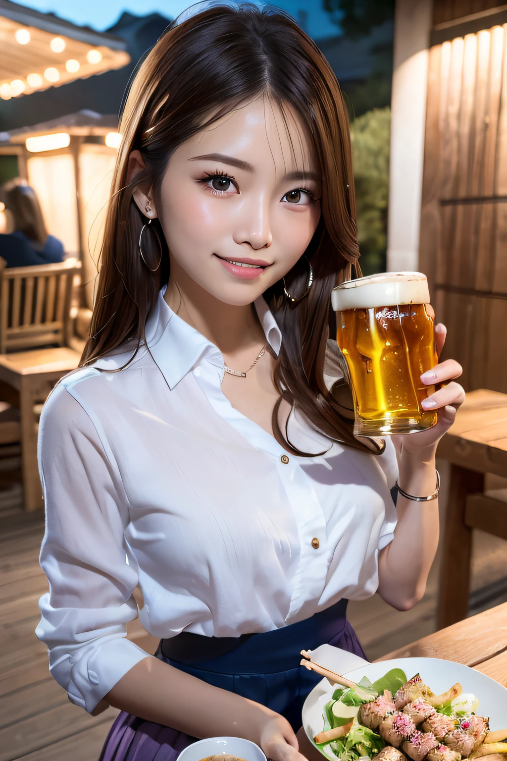 One-person viewpoint, (masutepiece:1.3), High resolution, ultra-detailliert, the Extremely Detailed CG Unity 8K Wallpapers, Realistic, Photorealsitic, Raw photo, beautifull detailed face, pale skin, realistic glistening skin, Detailed Cloth Texture, detailed hair texture, Perfect body, Beautiful face, acurate, Anatomically correct, Highly detailed face and skin texture, Natural neck length, (Beautiful hands), (Fair skin:1.2), thin legs, Thin feet, Aligned teeth, 
BREAK, 
Detailed eyes, symmetrical eye, Light brown eyes, Double eyelids, Thin eyebrows, (Glossy lips:1.4), (Very happy smile:1.2), (blush:1.1),
BREAK, 
(Classy and cute girl:1.3), (Wear elegant clothes (Light purple) Button shirt:1.2), ((navy) Long skirt with irregular hem:1.2), Close the button, (Long skirt), 
medium breasts, (Slender figure:1.1), Firm abs, Beautiful collarbone, 
(Dark blonde hair, Wavy Hair, Long hair:1.2), ((asymmetrical bangs:1.2)), 
BREAK, 
(On the table, (With yakitori, french fries, salad, with  the「Takoyaki」 ):1.2), ((Cheers with beer mugs in hand:1.3)), 
(Japan outdoor at night「Biagarten」で)), (Night), (Night), (Night), (Cowboy Shot:1.2), Looking at Viewer, View from a little below,