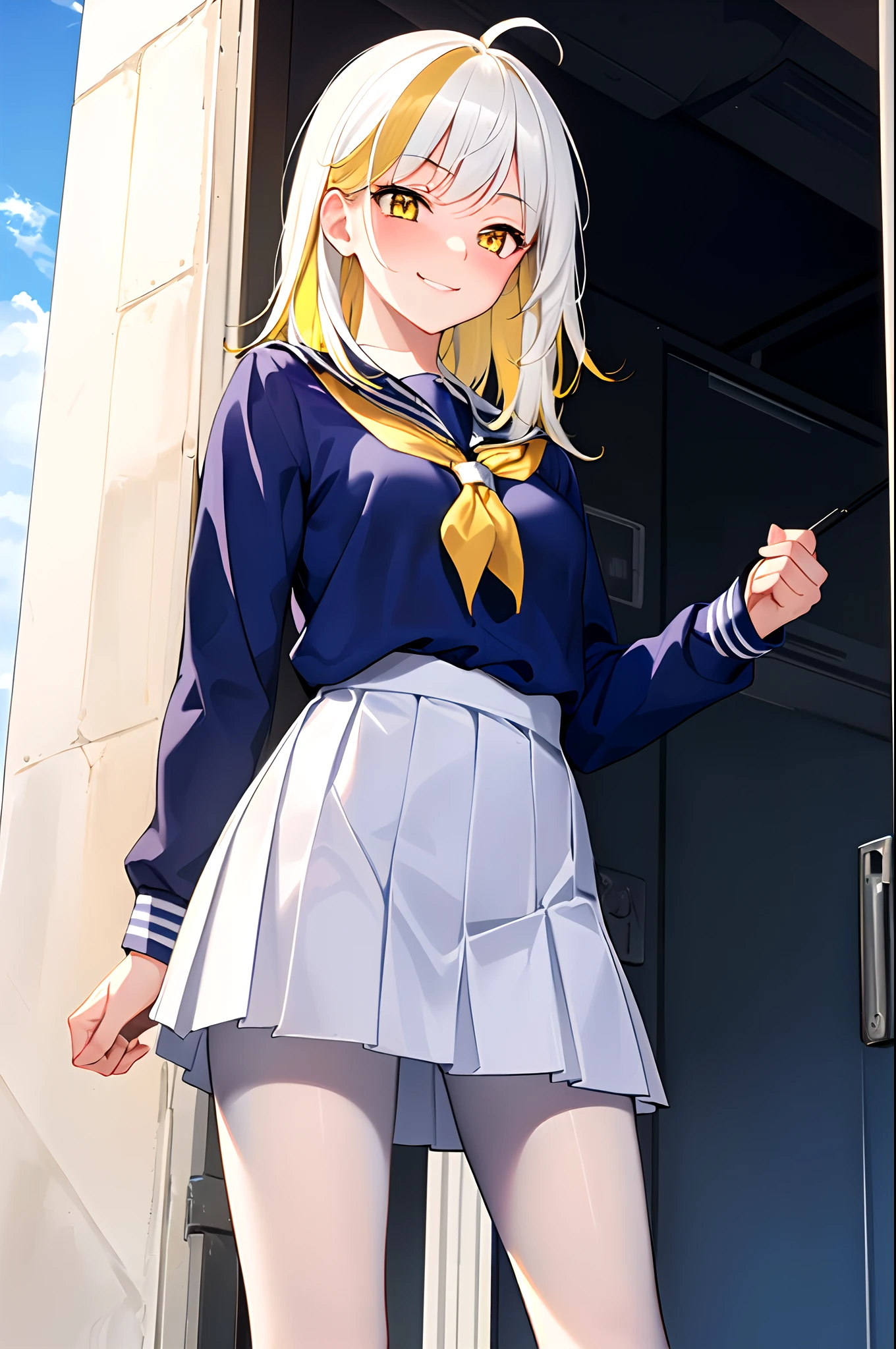 8k, masterpiece, , 1girl, yellow eyes, (medium hair:1.4), messy bangs, tiny breasts, (white hair:1.3), yellow hair, (two-tone hair:1.4), (dark blue school uniform:1.2), white pantyhose, from below, holding miniskirt, nervous smile, embarrassed