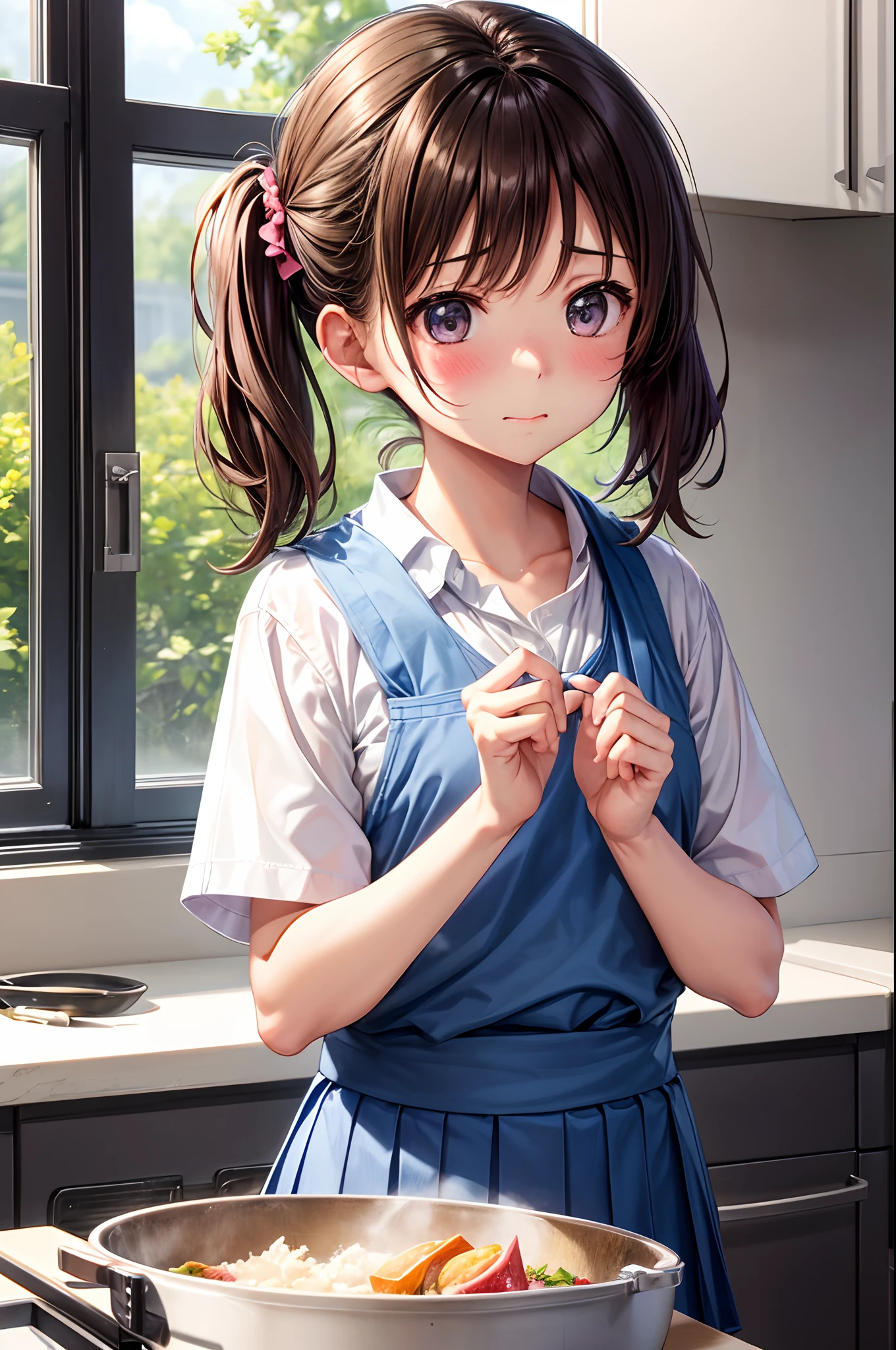 hi-school girl、、summer clothing、、be shy、Very cute、pony tail hairstyle、Brown hair、gals、school ground、Cooking Practice、I want to blush、Turning Pripan、Uniform takes off、Takushi、get angry、Staring at this