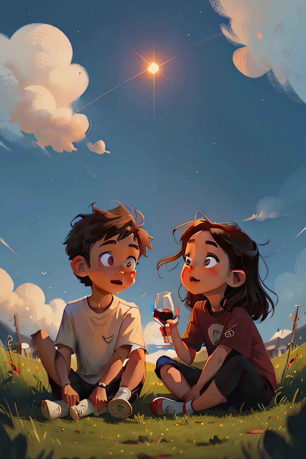 Cartoon boy and girl sitting on top of hill,The boy looked at the girl and laughed，The boy has short brown hair and blue eyes，The girl has long black hair and red eyes，The girl held a wine glass in her hand，The boy holds a bottle of wine in his hand，The background is a dark night，There are a lot of meteors，Many, many clouds