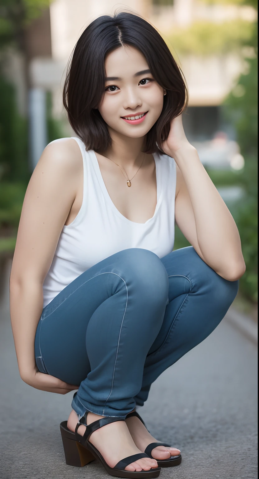masutepiece, Best Quality, 8K, (10 years old:1.2), Raw photo, absurderes, award winning portrait, Smile, Smile, Idol face, violaceaess, gardeniass, Delicate girl, full body Esbian, Digital SLR, Looking at Viewer, Candid, Sophisticated, zora々Right, Thin arms, Professional Lighting, Film grain, chromatic abberation, (Eyes and faces with detailed:1.0),(Underwear)、Wearing jeans、Tank Tops、short-hair:1.3、The crotch is visible、(Breasts are big:1.3)、(Emphasis on the chest:1.2)、(sideways Facing:1.2)、(Gamine:1.2)、Crouching