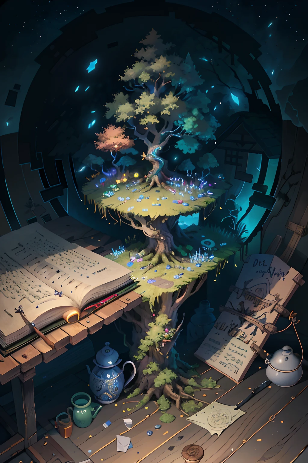 Original，（illustratio：1.1），（best qualtiy），（tmasterpiece：1.1），（the Extremely Detailed CG Unity 8K Wallpapers），（a color：1.2），dead tree，nigth，Letter bees，scenecy，rios|Wagas，log cabin，Ancient Tree Elves