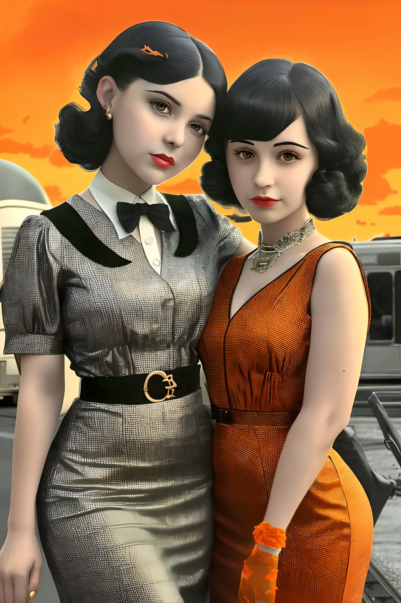portrait of 2girls, duo, (couple cuddling),retro haircut,double tails,dressed in a 1930s-inspired dress, pencil skirts, skull print, Orange sky, Outdoors,retro Train station, Stand in front of the retro train,Hug and touch each other, Tease a friend's belly, Tease a friend's buttocks, Blushing friend, Biting a friend's earlobe, Hug each other from behind, Touch your friend's breast from below,