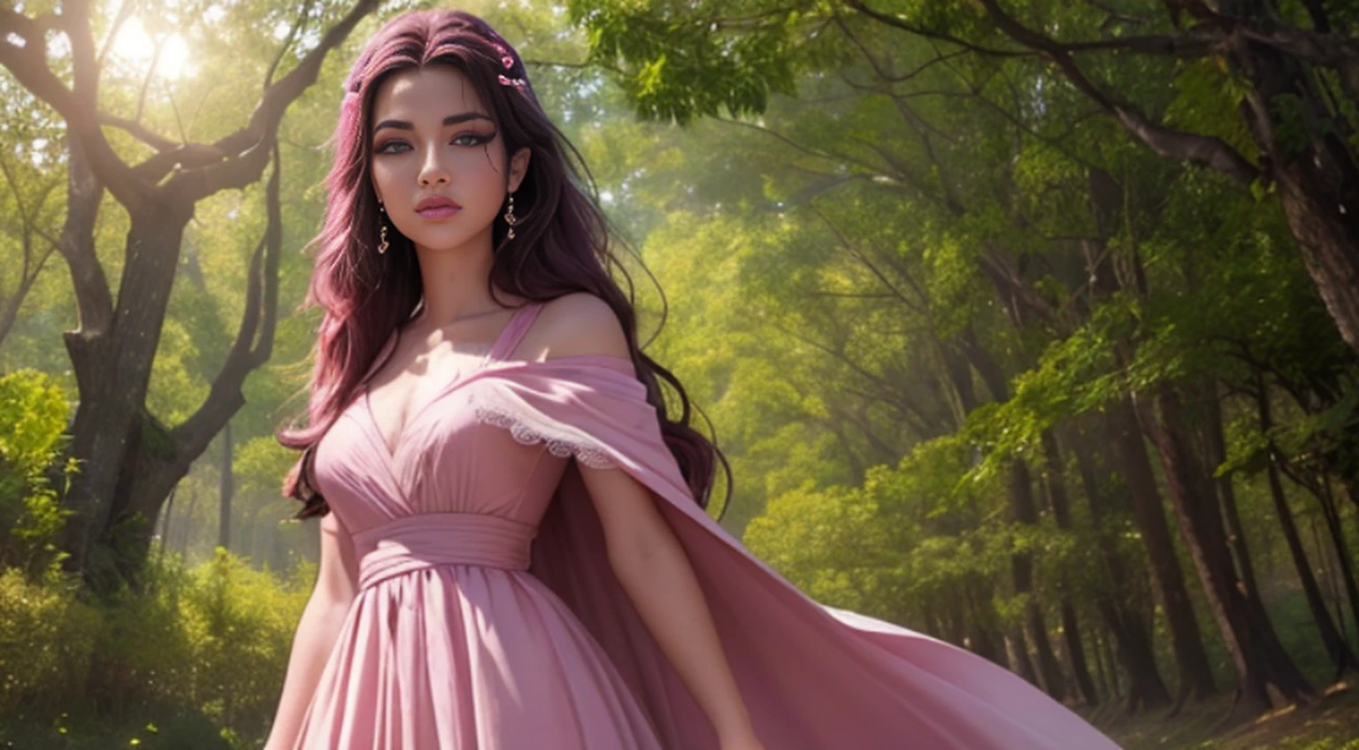 A woman in a light pink dress standing in a cherry forest, Artgerm, paisagem realista, Artgerm detalhado, olhos perfeitos, rosto perfeito, Ultra Detalhado, tiro de corpo inteiro, (Skindentation: 1.5), realista, realista, (obra-prima: 1.5), arte conceitual, detalhes intrincados, altamente detalhado, realista, octane rendering, 8K, motor irreal, dinamic pose, melhor qualidade, alta resolução, (rosto realista: 1.1), (hiper-realismo: 1.1) , ((full_body)), olhos perfeitos, (pele brilhante: 1.2), ((penteado))), ((perfect hands))), (fundo muito detalhado), ((dynamic background), ((lightning), (lightning), ((1girl)), Vestindo um manto, (((Manto de fluxo))), ((Olhos detalhados, Olhos de alta qualidade, Rosto de alta qualidade)), vestido rosa claro extremamente complexos, magical robes), casting lightning, eletricidade, spinning flame, radiation, spark, smoke, magia, (dramatic), epic, campo de batalha, profundidade de campo, bokeh, 4k, gotica, cinzas, particules.