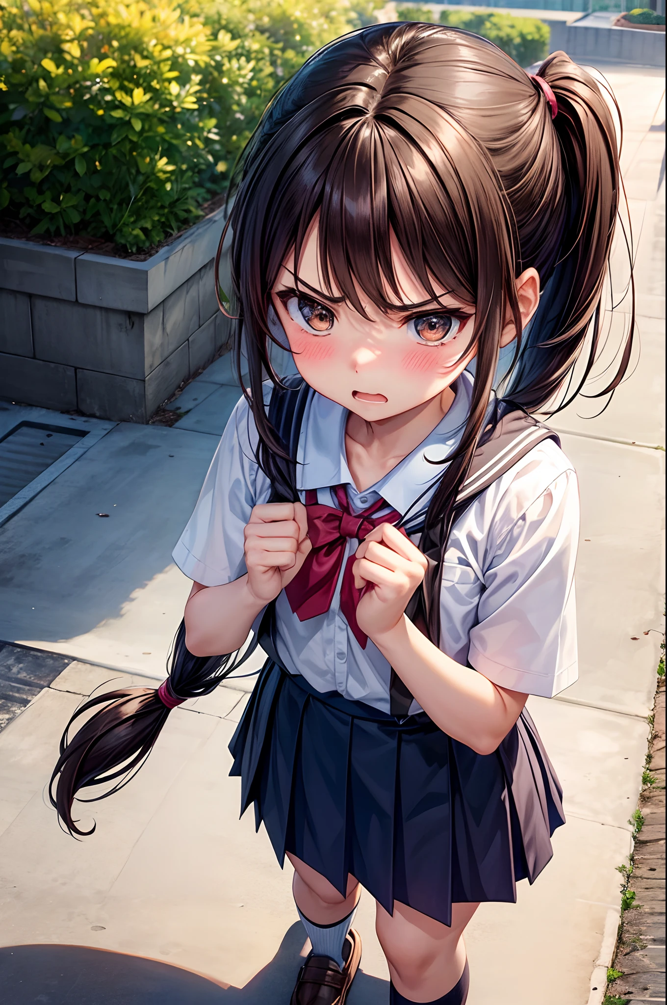 superfine illustration, Perfect Anatomy, Best Quality, Hires, amazing shading, Beautiful skin, 1 , nose blush, Saliva, Ecstasy, Close eyes, ,School Uniforms , Full body, SEX, Yor, touches crotch, (Rubbing the crotch with your hands:1.2), suggestive pose,(a park:1.5)、Braids