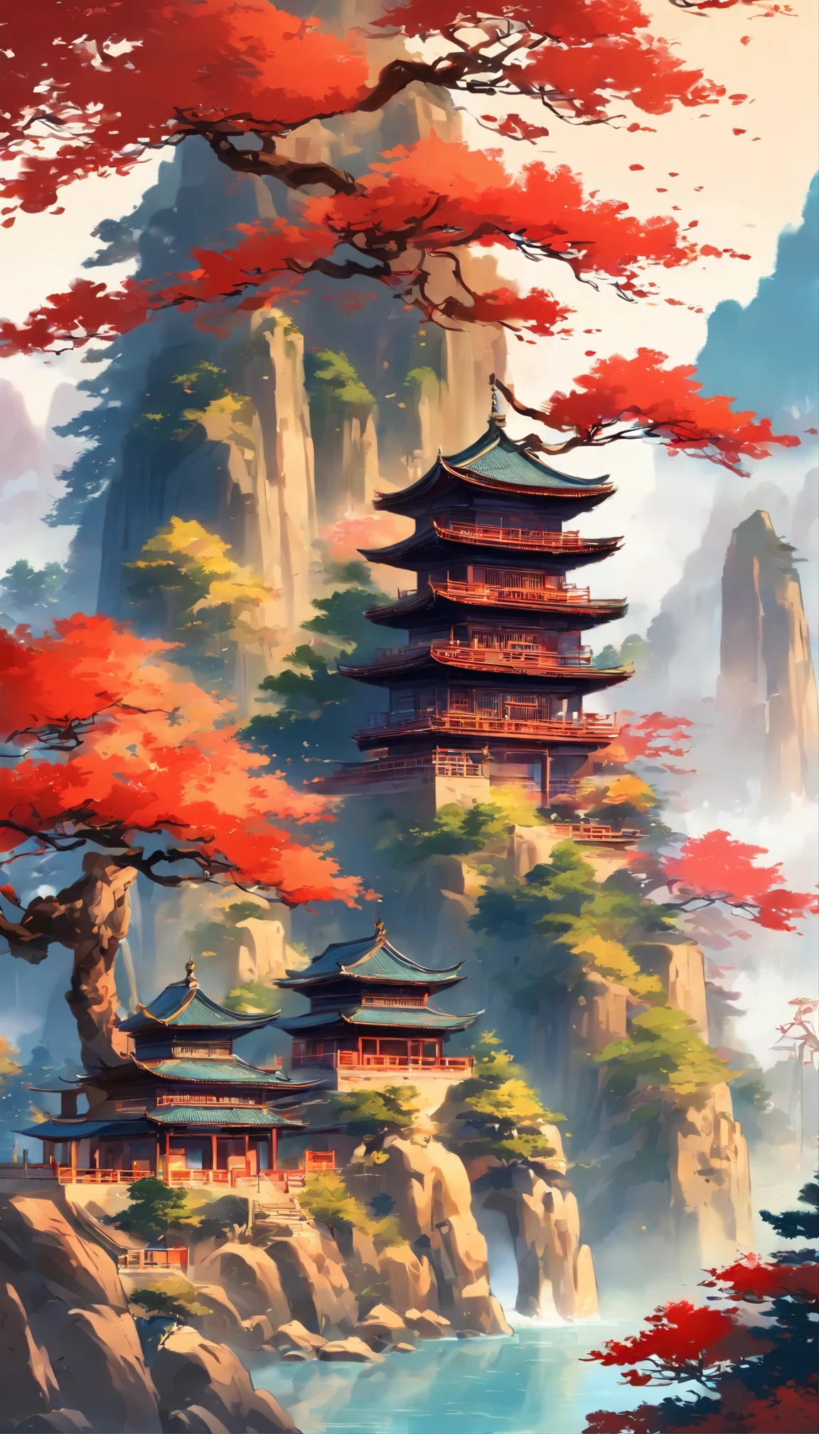 background depicting a temple, oriental wallpaper, Chinese landscape, Japanese Landscape, Chinese style, japanese art art, Japanese style painting, Ancient Chinese architecture, Chinese architecture,Pure blue sky,Beautiful tree,Red-blue tones,Figurative characters,Pine trees have details,The pavilion becomes smaller
