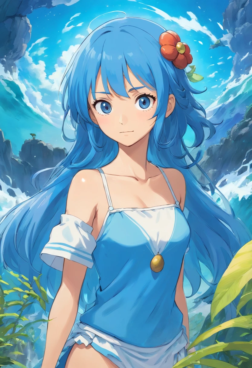 Mulher de pele azul com manto de arraia saindo das costas, roupas de aventureira e tridente, personagem One Piece