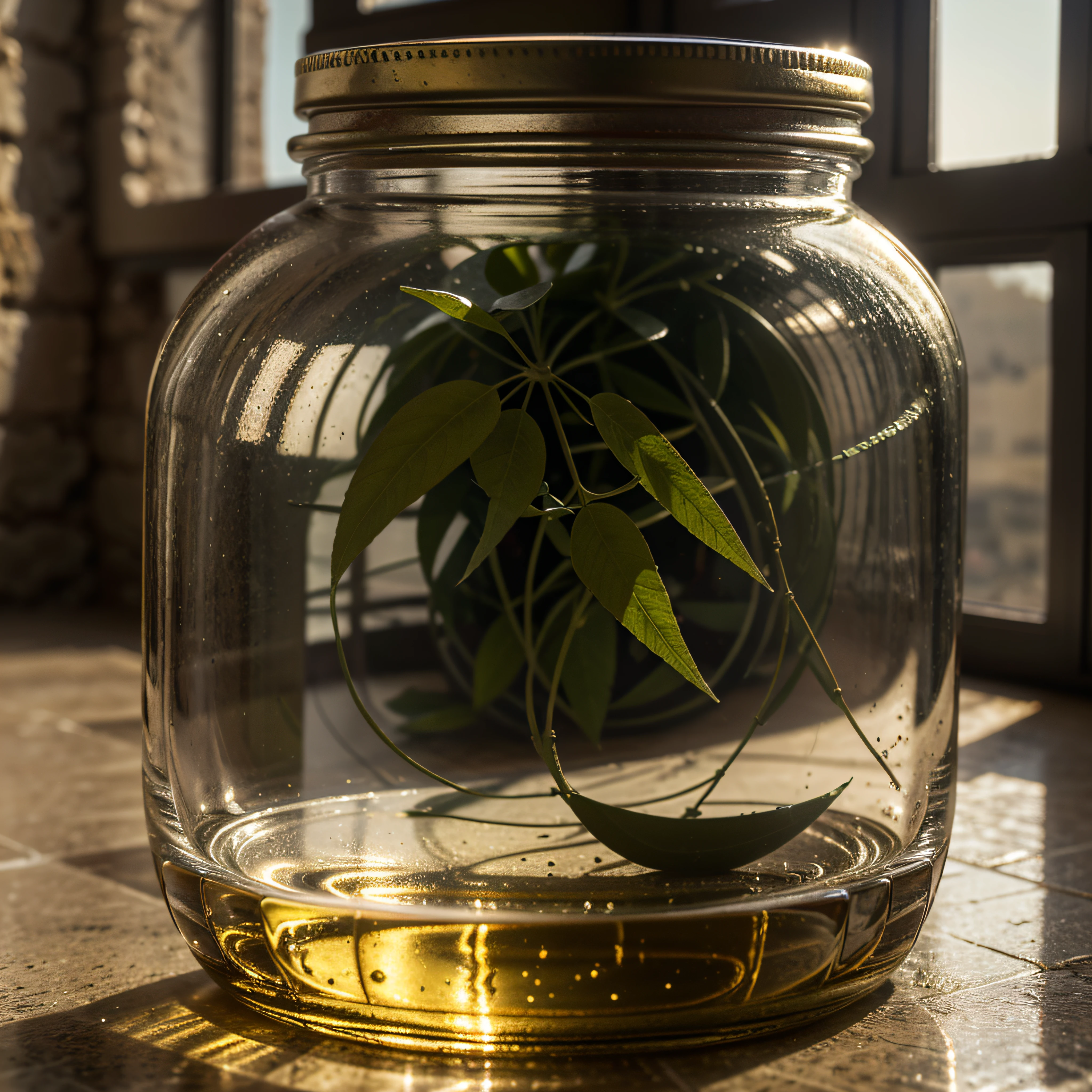 A square glass jar with lid contains the Sassi of Matera. The jar is placed on the windowsill. Extremely detailed, 8K, apocalyptic punk style, miniatures, macro photography in close-up.