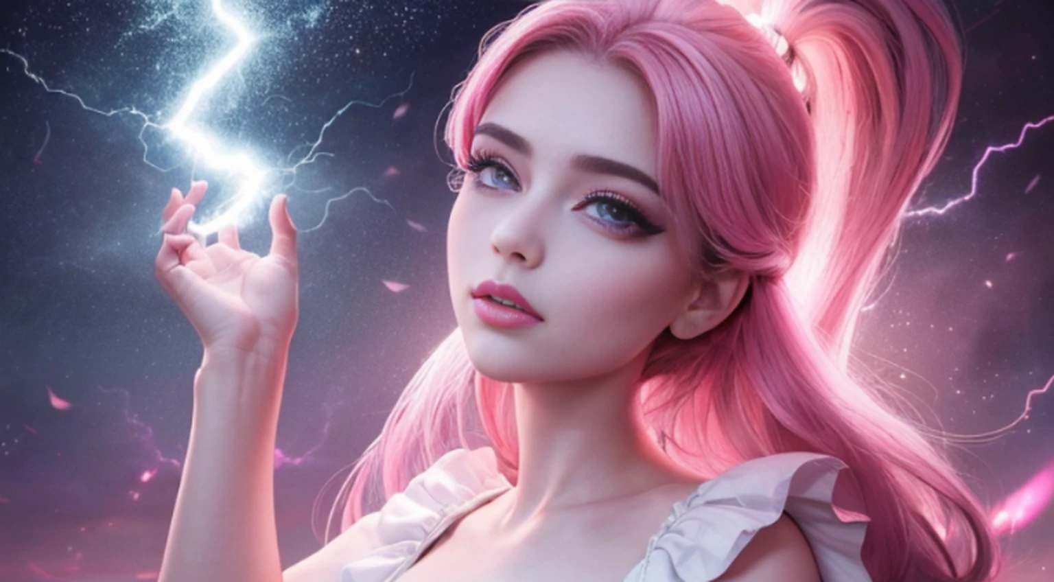 A woman in a light pink dress standing in a cherry forest, Artgerm, paisagem realista, Artgerm detalhado, olhos perfeitos, rosto perfeito, Ultra Detalhado, tiro de corpo inteiro, (Skindentation: 1.5), realista, realista, (obra-prima: 1.5), arte conceitual, detalhes intrincados, altamente detalhado, realista, octane rendering, 8K, motor irreal, dinamic pose, melhor qualidade, alta resolução, (rosto realista: 1.1), (hiper-realismo: 1.1) , ((full_body)), olhos perfeitos, (pele brilhante: 1.2), ((penteado))), ((perfect hands))), (fundo muito detalhado), ((dynamic background), ((lightning), (lightning), ((1girl)), Vestindo um manto, (((Manto de fluxo))), ((Olhos detalhados, Olhos de alta qualidade, Rosto de alta qualidade)), vestido rosa claro extremamente complexos, magical robes), casting lightning, eletricidade, spinning flame, radiation, spark, smoke, magia, (dramatic), epic, campo de batalha, profundidade de campo, bokeh, 4k, gotica, cinzas, particules.