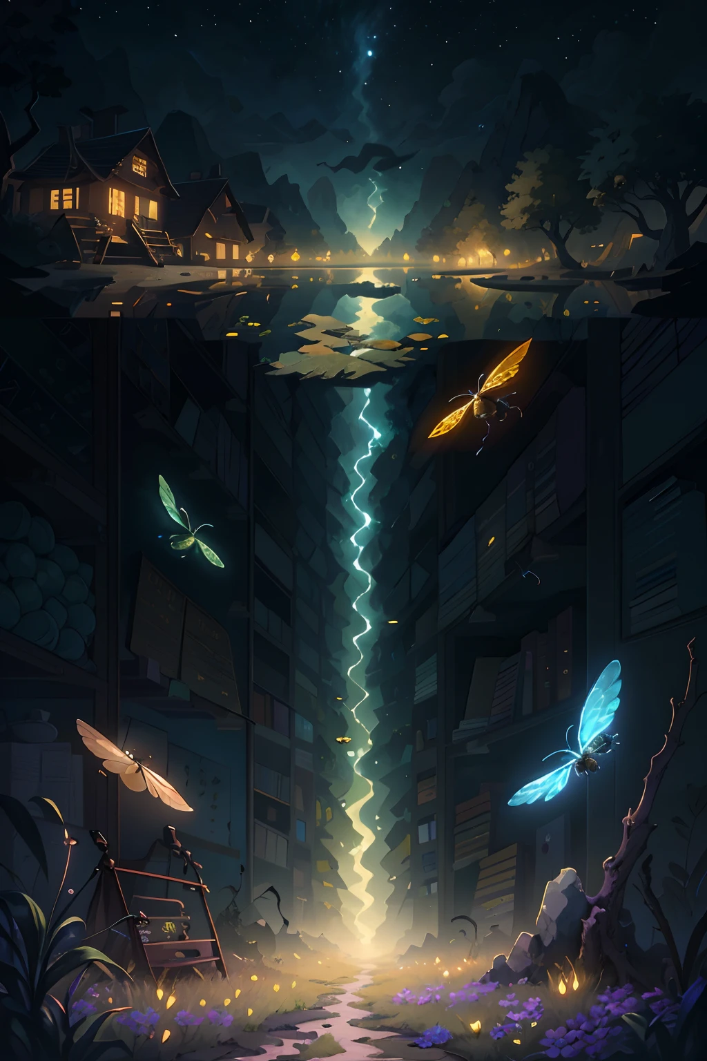Original，（illustratio：1.1），（best qualtiy），（tmasterpiece：1.1），（the Extremely Detailed CG Unity 8K Wallpapers），（a color：1.2），dead tree，nigth，Letter bees，scenecy，rios|Wagas，glowworm