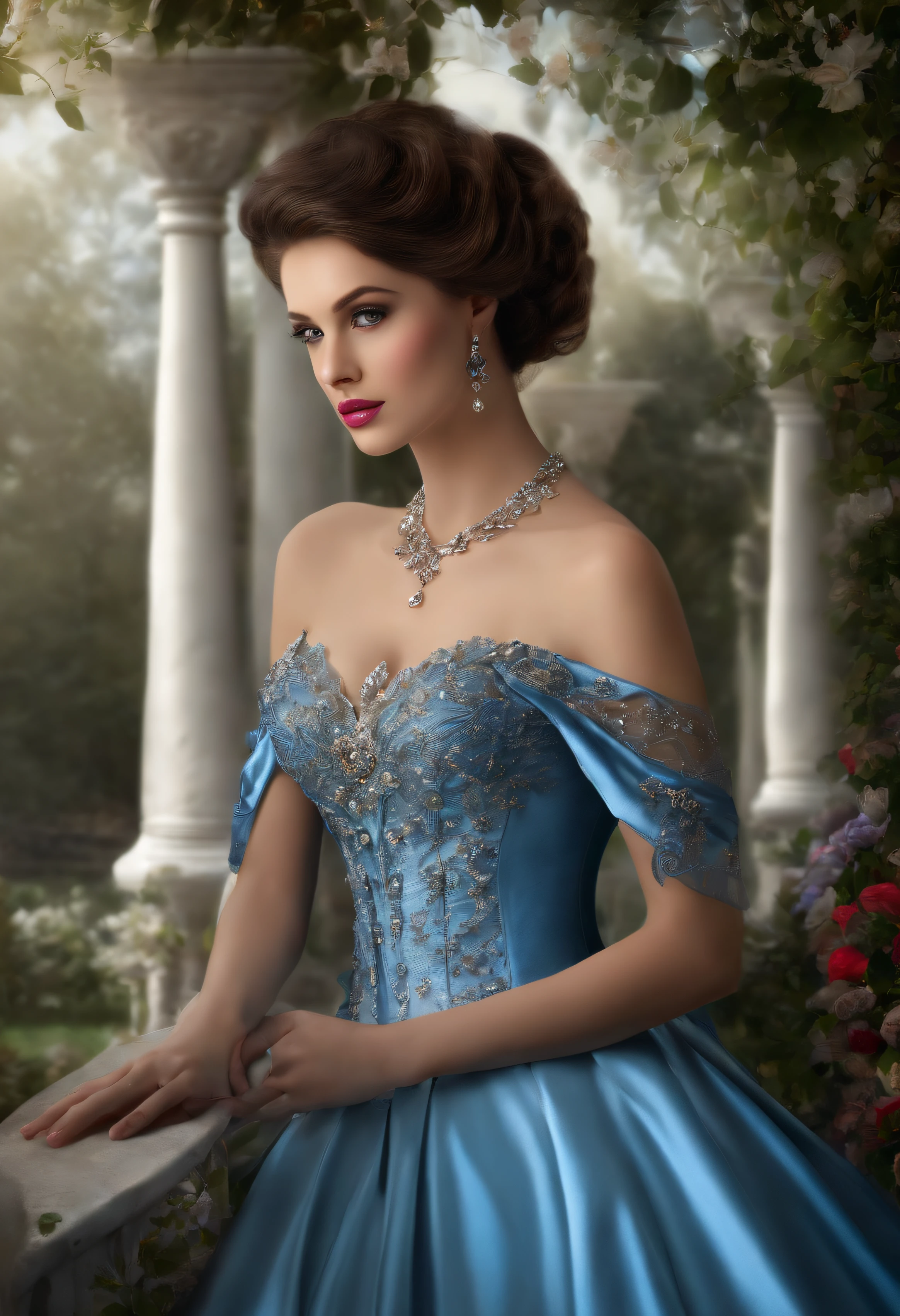 Eso es realista (((fantasy))) Artwork set in the frozen blue rose garden of an enchanted ice castle in winter and should consist of many shades of cool blue colors. It's snowing a lot. Generar una mujer orgullosa con un (((Cara altamente detallada))) Dressed in the folds of a dazzling French silk dress. El rostro elegante de la mujer es ((((Altamente detallado, with realistic and smooth features, labios hinchados.)))) The ball gown is adorned with ruffles, Pistas, y arcos y un, but intrinsically, hand-embroidered bodice. The corset features silk ribbon. Ella lleva ropa de abrigo de invierno real victoriana.. The woman's stunning eyes are beautifully detailed, With realistic shading and multiple colors, and in high resolution. The woman is in a garden of eternal roses, cada uno bellamente formado y altamente detallado. Estas rosas azules realistas presentan brillantes tonos de azul claro, azul escuro, plata, and bright blue-purple. The eternal rose is a deep shade of periwinkle with bright iridescent hues and hues. Make sure the woman's face, cabello, y los ojos son perfectos. realismo, high fantasy, Whimsical fantasy, Fairytale fantasy, Fairytale fantasy, Fantasy details, encantadora, encantadora, 8k, Contrata, ..cgi, Pintura digital, unidad, motor irreal, (((Pieza maestra))), intrincado, elegante, Altamente detallado, majestuoso, digital photography, Arte de Artgerm e Ruan Jia e Greg Rutkowski, (Pieza maestra, hermosos ojos finamente detallados: 1.2), HDR, Textura de piel realista, (((1mujer))), (((solo))), Incluye una cara muy detallada, Cara extremadamente detallada, y antecedentes interesantes.,ojos verde claro,cabello azul claro,Angel Fantasy