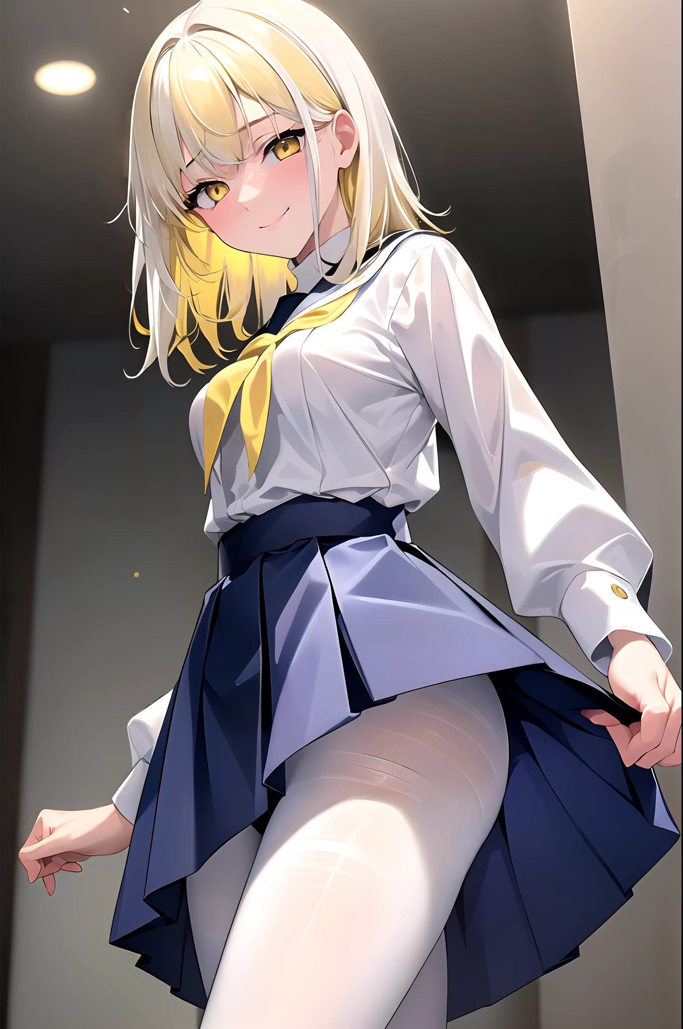 8k, masterpiece, , 1girl, yellow eyes, (medium hair:1.4), messy bangs, tiny breasts, (white hair:1.3), yellow hair, (two-tone hair:1.4), (dark blue school uniform:1.2), white pantyhose, from below, holding miniskirt, nervous smile, embarrassed