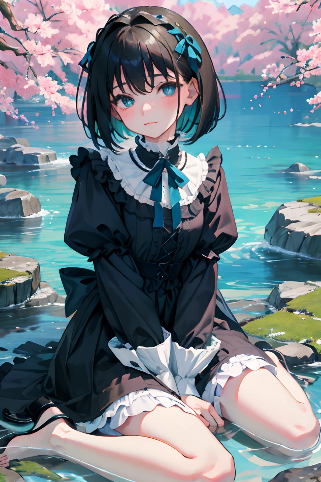 Anime girl sitting on the ground in front of a river - SeaArt AI
