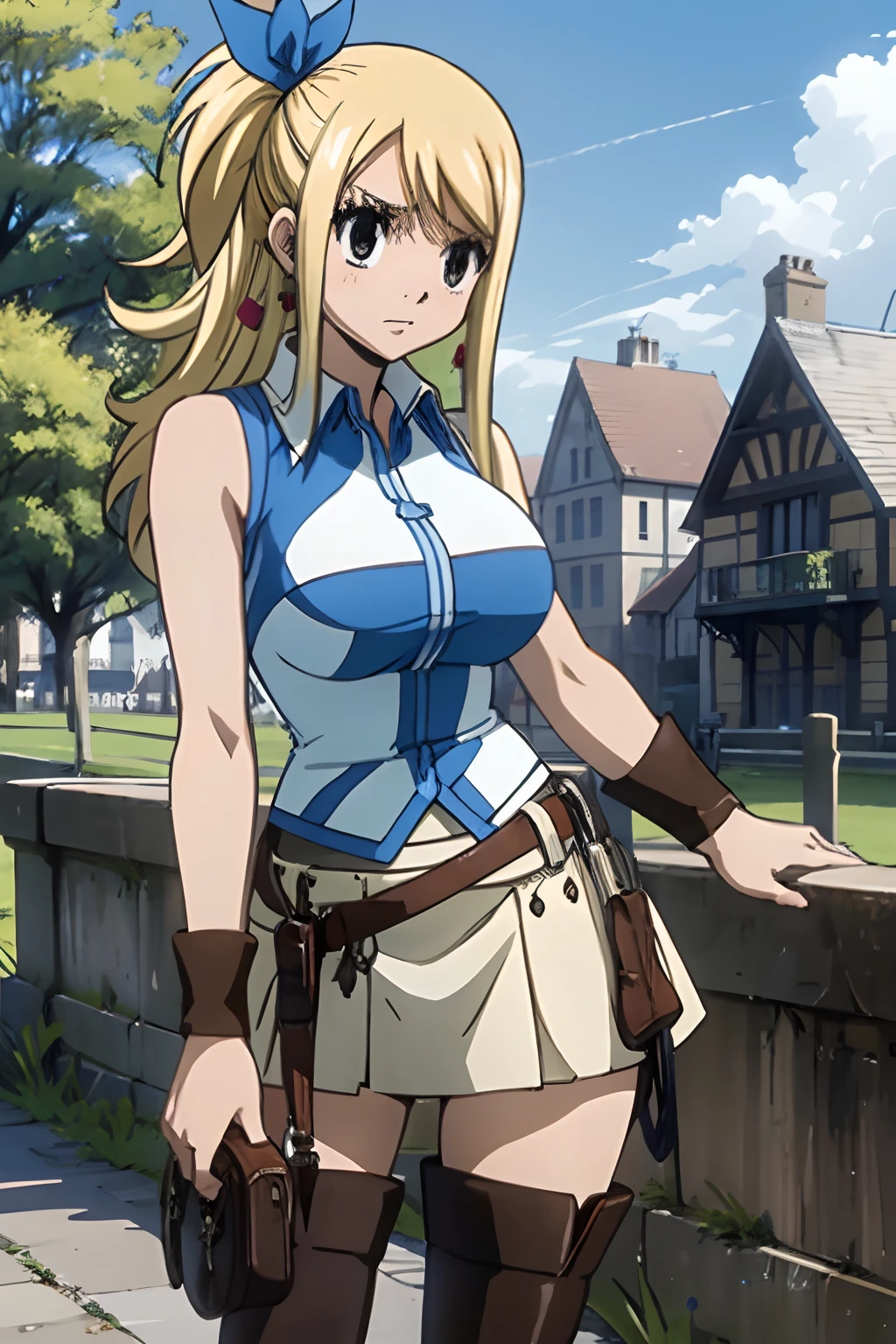 masterpiece, best quality, high resolution, lucy heartfilia, blonde hair, long hair, side ponytail, blue ribbon, large breasts, earrings, thigh boots, blue shirt, sleeveless shirt, white skirt, standing, crossed legs, watson cross, outdoors, town, house, cowboy shot, looking at viewer,