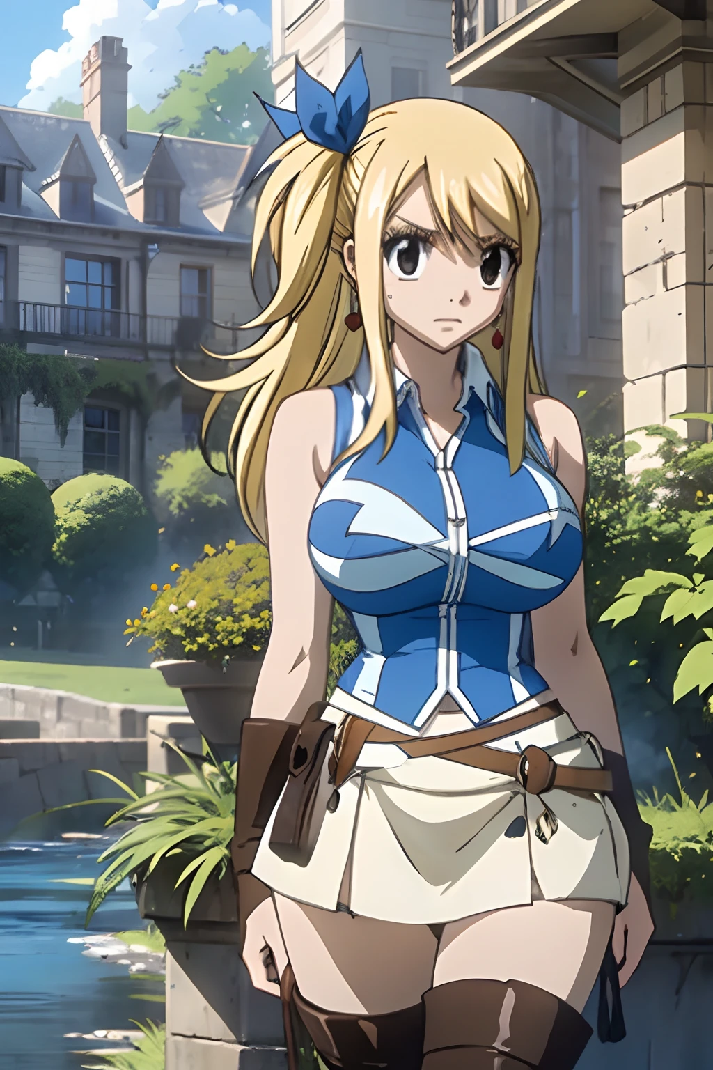 masterpiece, best quality, high resolution, lucy heartfilia, blonde hair, long hair, side ponytail, blue ribbon, large breasts, earrings, thigh boots, blue shirt, sleeveless shirt, white skirt, standing, crossed legs, watson cross, outdoors, town, house, cowboy shot, looking at viewer,