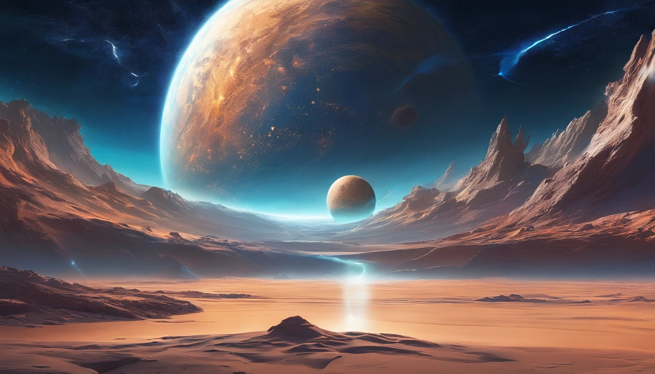 huge planet, the night, starrysky, surrealism, masutepiece, hight resolution、Impressive Milky Way:1.9、sand beach、Vast blue ocean、Blue glacier、lightning bolt:1.9、Protoplanets