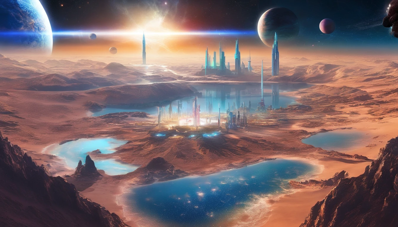 huge planet, the night, starrysky, surrealism, masutepiece, hight resolution、Impressive Milky Way:1.9、sand beach、Vast blue ocean、Blue glacier、lightning bolt:1.9、Protoplanets