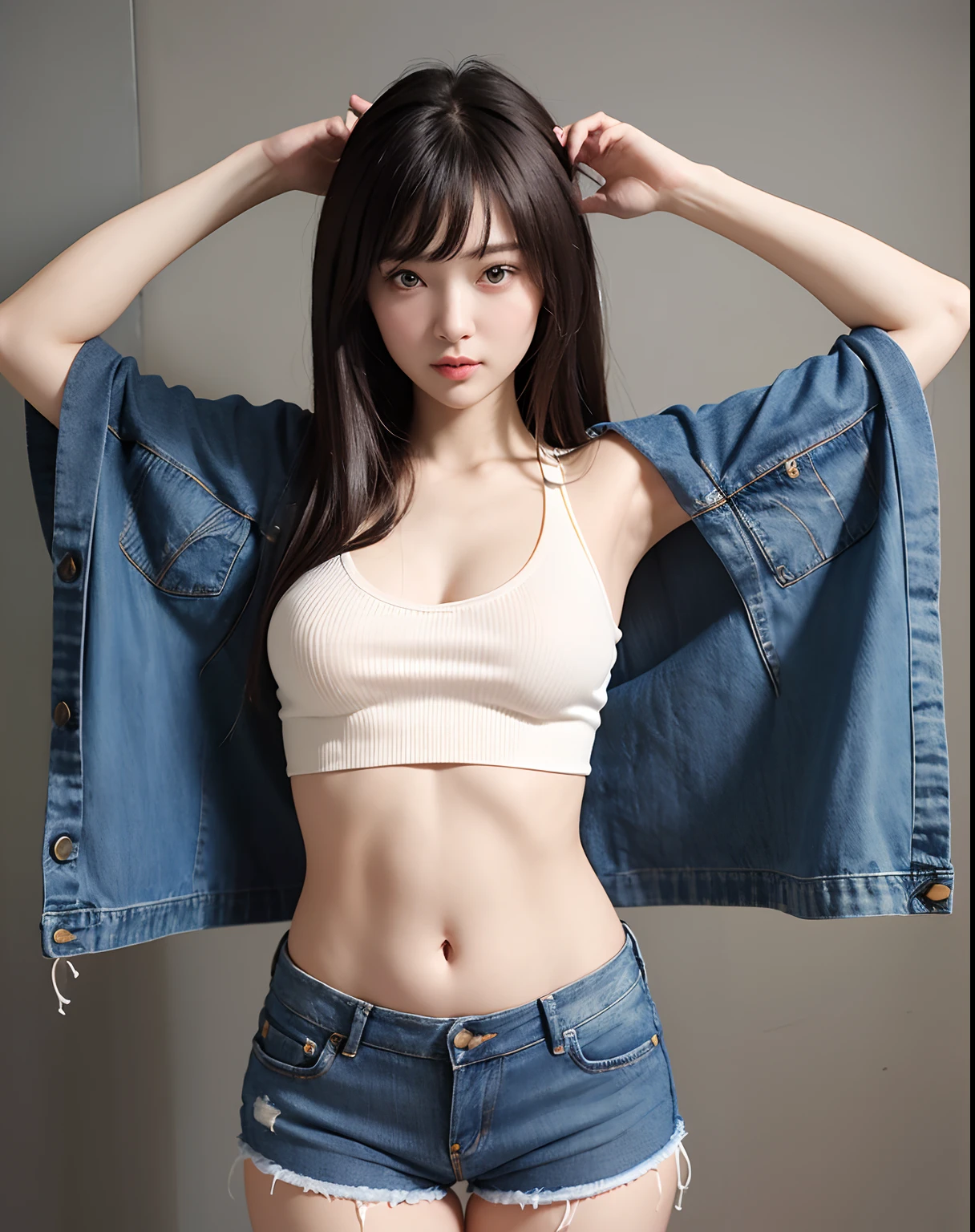 ((Night scene, Best quality, 8K, Masterpiece: 1.3)), Focus: 1.2, Perfect body beauty: 1.4, buttocks: 1.2, (layered haircuts: 1.2)), (darkStreet: 1.3), Solo, Highly detailed face and skin texture, full bodyesbian, Delicate eyes, Double eyelids, Whitens the skin, Long hair, (face round: 1.5), (Loose crop top, Shorts: 1.6), high resolution, small breasts, detailed realistic breasts, Beautiful breasts, Realistic pale skin, detailed realistic hands, detailed realistic fingers, perfect human body ratio, perfect women figure, Sexy, Sexual expression, Seductive, Tight clothes, Transparent clothes, Extremely detailed, Ultra photo realsisim, Smooth lighting, Detailed eyes, Detailed realistic hair, Slim abs, detailed realistic arms, realistic human body posture, tight transparent bra, detailed realistic women body parts, Young beautiful girl, Sexy girl, detailed realistic necklace, 耳Nipple Ring, Detailed realistic bra textures