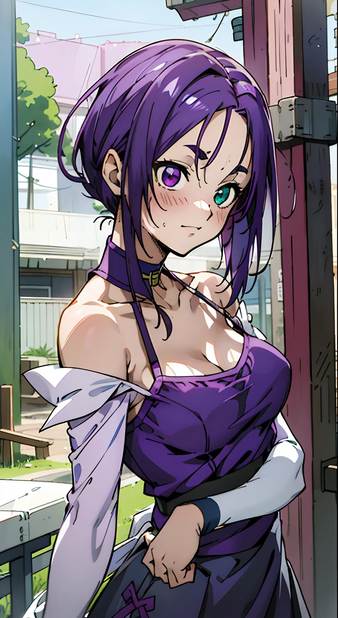 Masterpiece, Best quality, Ultra-detailed, Off-the-shoulder attire, Colorful,take up close, Hyper-detailing,purple color hair, Ultra-realistic hair quality, Vibrant colors, Beautuful Women, Beautiful long hair, Shiny hair, detailed hairs, reo mikage, bluelock, perfect body, 1girl in, solo, hoodies on sweater, camisoles, hair ribbon, no sleeves, camisole on dress, straps, village, old houses, outdoors, folk, legends,