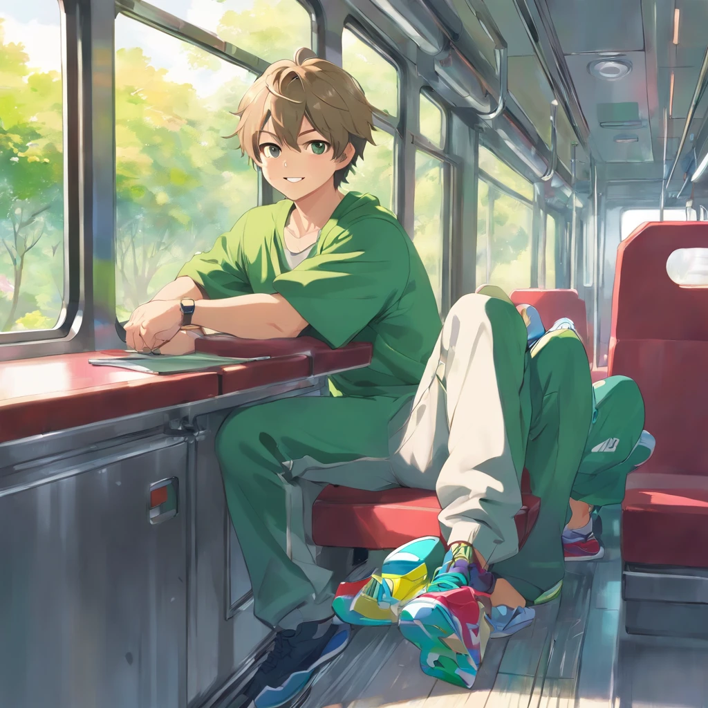 master part, Menino gordinho com cabelos pretos e olhos azuis brilhantes brilhantes e meias pequenas usando um capuz, and oversized sweatpants sitting on a train, chovendo janela externa, jovem, menino, pequeno, barnet, luz suave, (sweatpants:1.4), (menino:1.4), (Shota:1.4), (jovem:1.4), (macho:1.4), (sorridente:1.4), (walk away:1.4), (Shy:1.4), (bolo:1.0), (Cores:1.0), (cores fofas:1.0), floresta na janela
