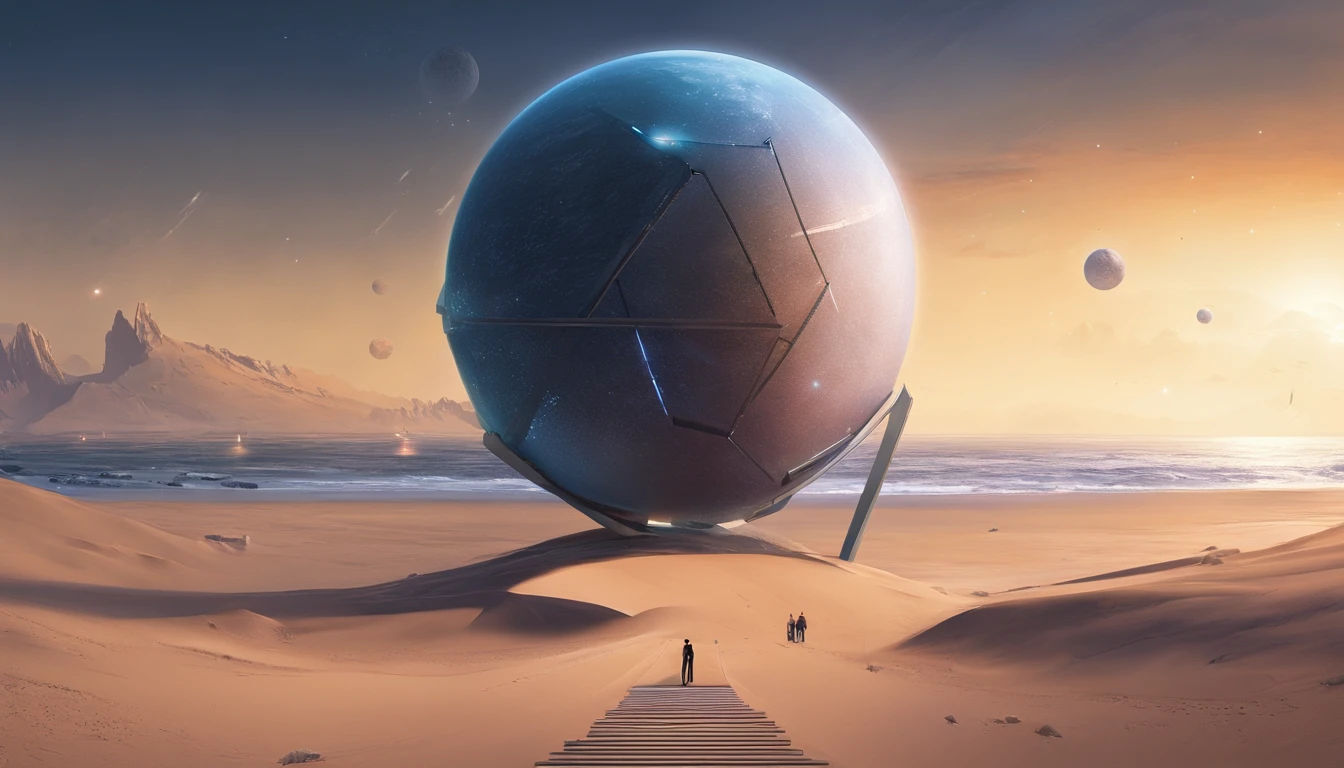 huge planet, the night, starrysky, surrealism, masutepiece, hight resolution、Impressive Milky Way:1.9、sand beach、Vast blue ocean、Blue glacier、lightning bolt:1.9、Protoplanets