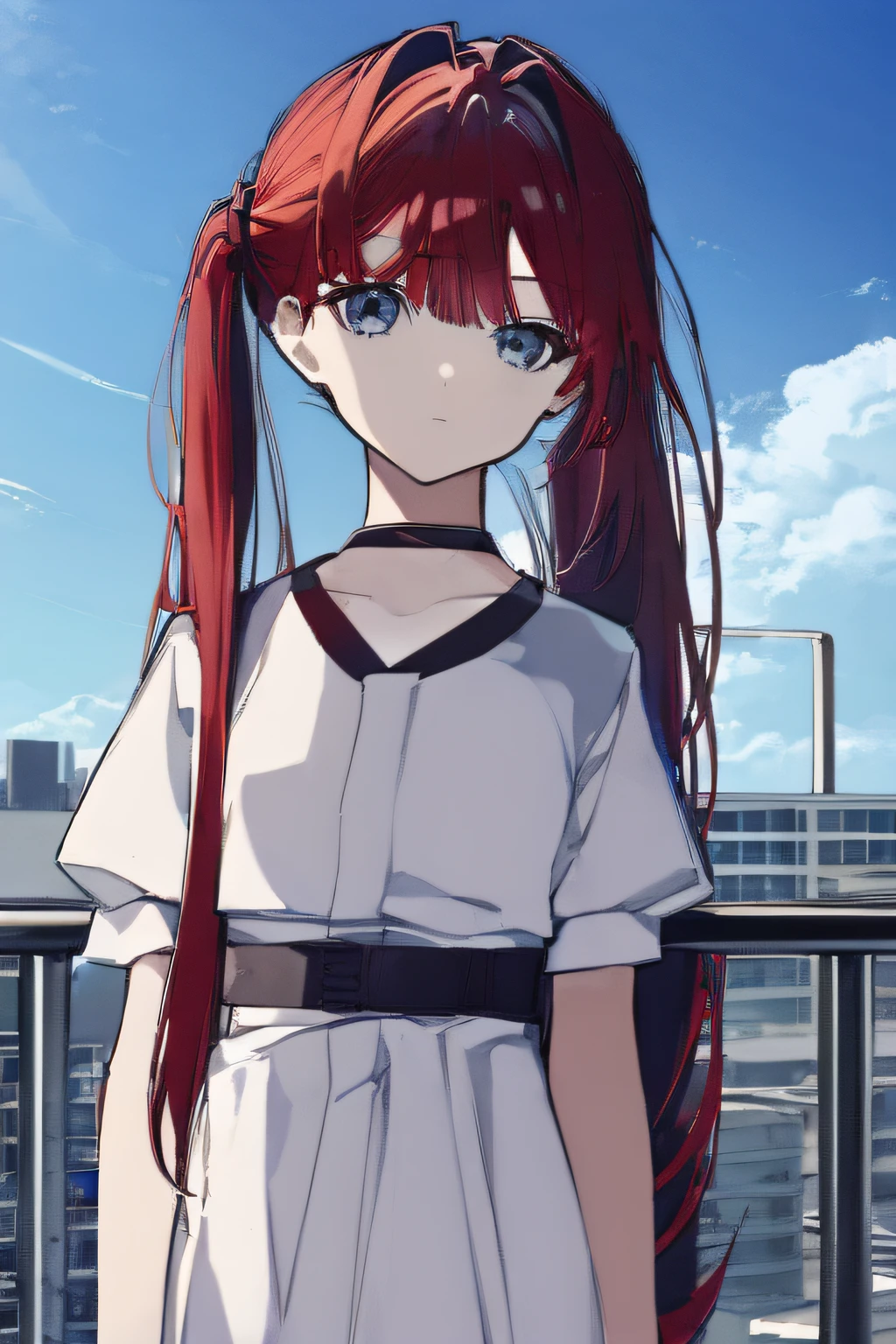 1girl, young girl, masterpiece, high quality, red hair, bangs, blue eyes, ponytail, (long hair), (straight hair), ((on the rooftop of building)), high roof, wearing a patient gown, ((standing against the railing)), ((standing with open arms widely)), ((detail face)), (clear sky), (blue sky)