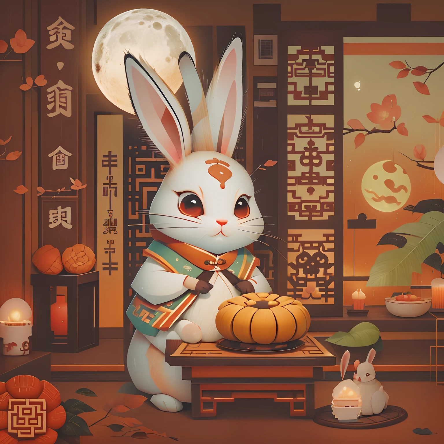 A cute rabbit sticker, red eyes, a full moon, mooncake,a Chinese Classic Room. It's night but it's bright