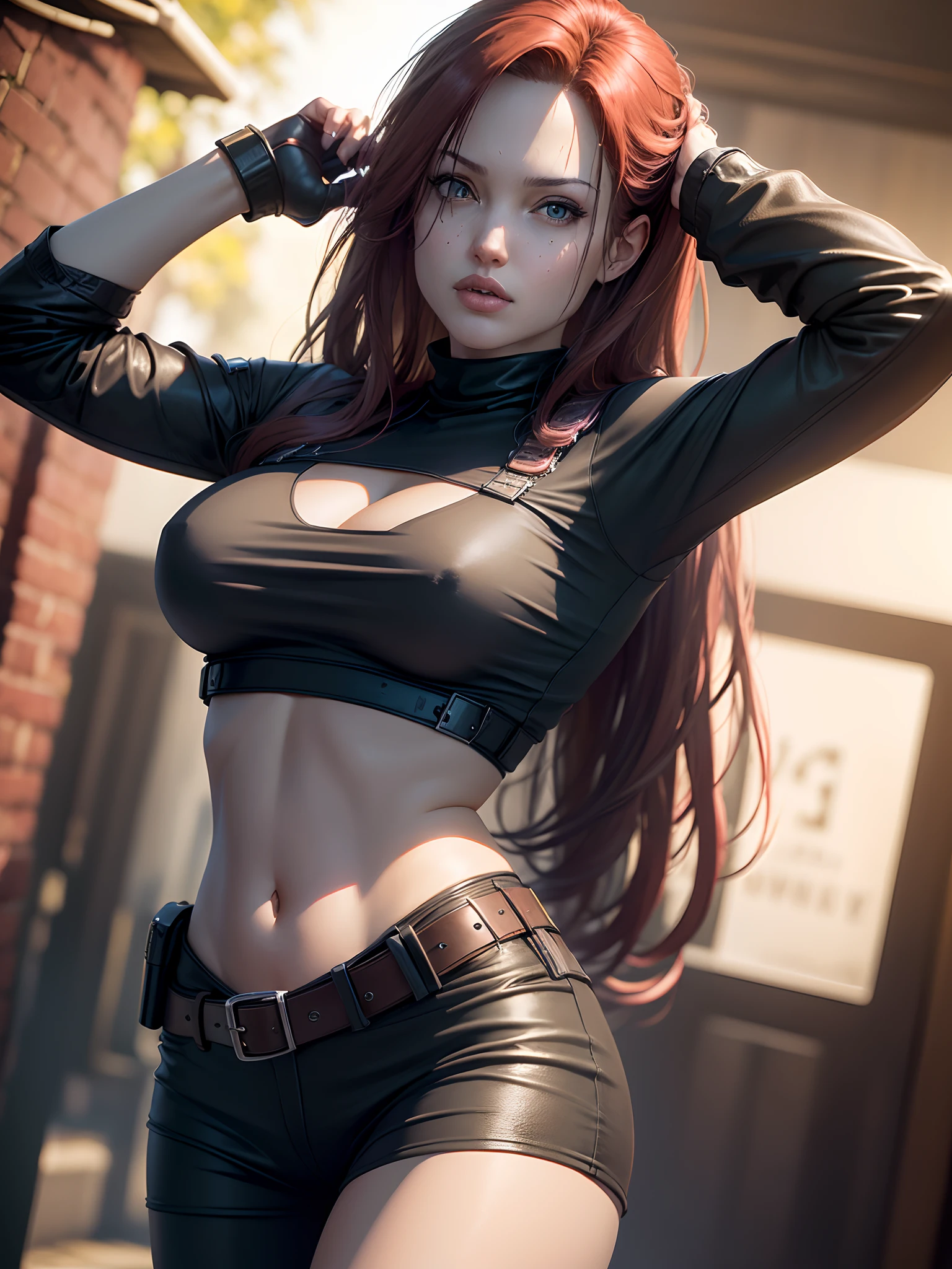 Resident Evil, Beautiful Claire Redfield being by a beautiful woman full body pink skin medium red hair, angry black clothes holster holding a gun, realistic detailed face body highly detailed CGI 8K clear image, hologram, (medium breasts: 1.3), (realism: 1.5), (Realisitc:1.4), (Absurdity:1.4), 8k, ultra-detailed, beautiful girl detailed, (1:1.4 only), 1 girl, (Viewer facing:1.2), (bright sunny day:1.5) , Intricate body details, (short:1.3) , (best quality: 1.0), (Ultra Highres): 1.0), highly detailed face and eyes, (photorealistic: 1.2)