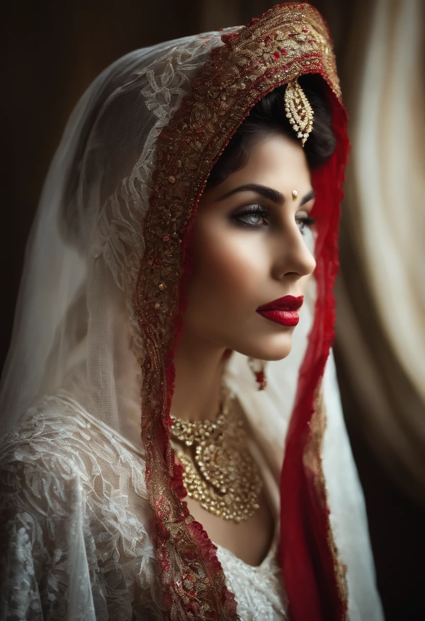 Make a woman with only a veiled face, Teary, rosto com tristeza, joias batom vermelho