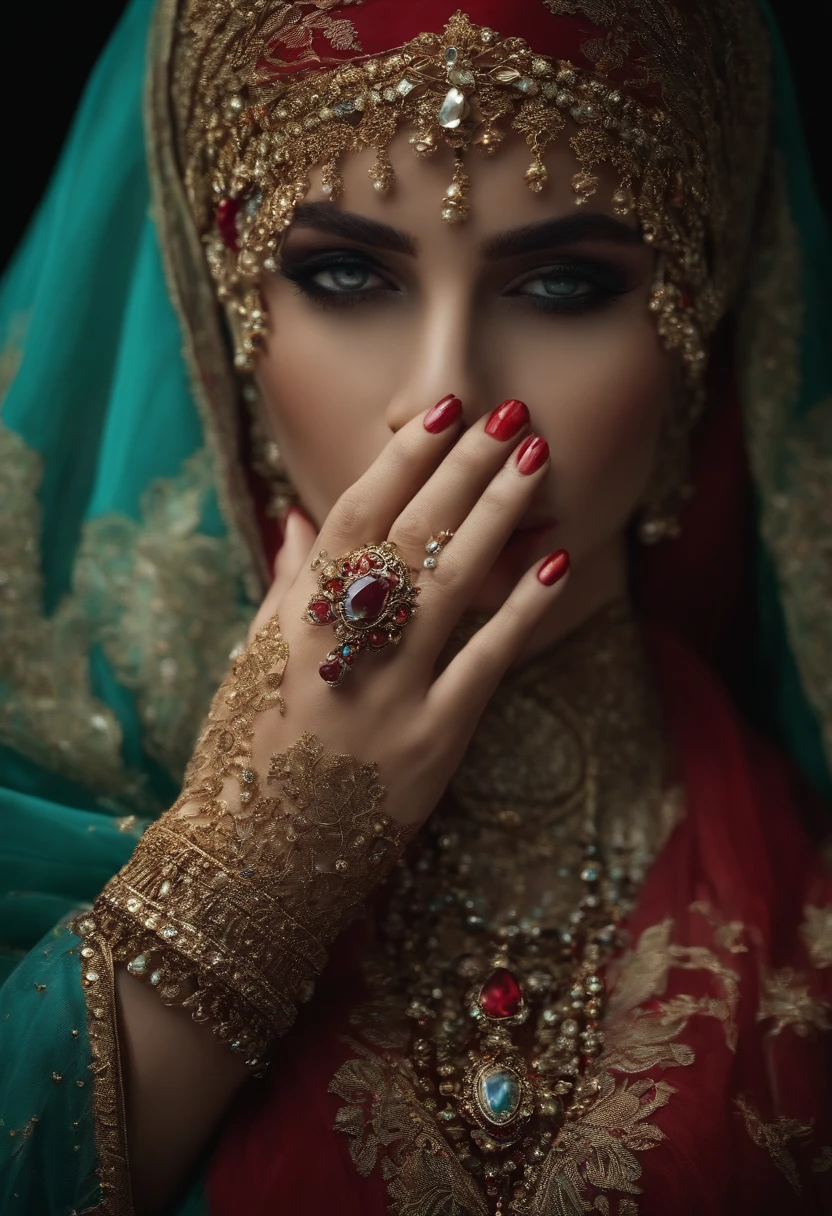 Make a woman with only a veiled face, Teary, rosto com tristeza, joias batom vermelho